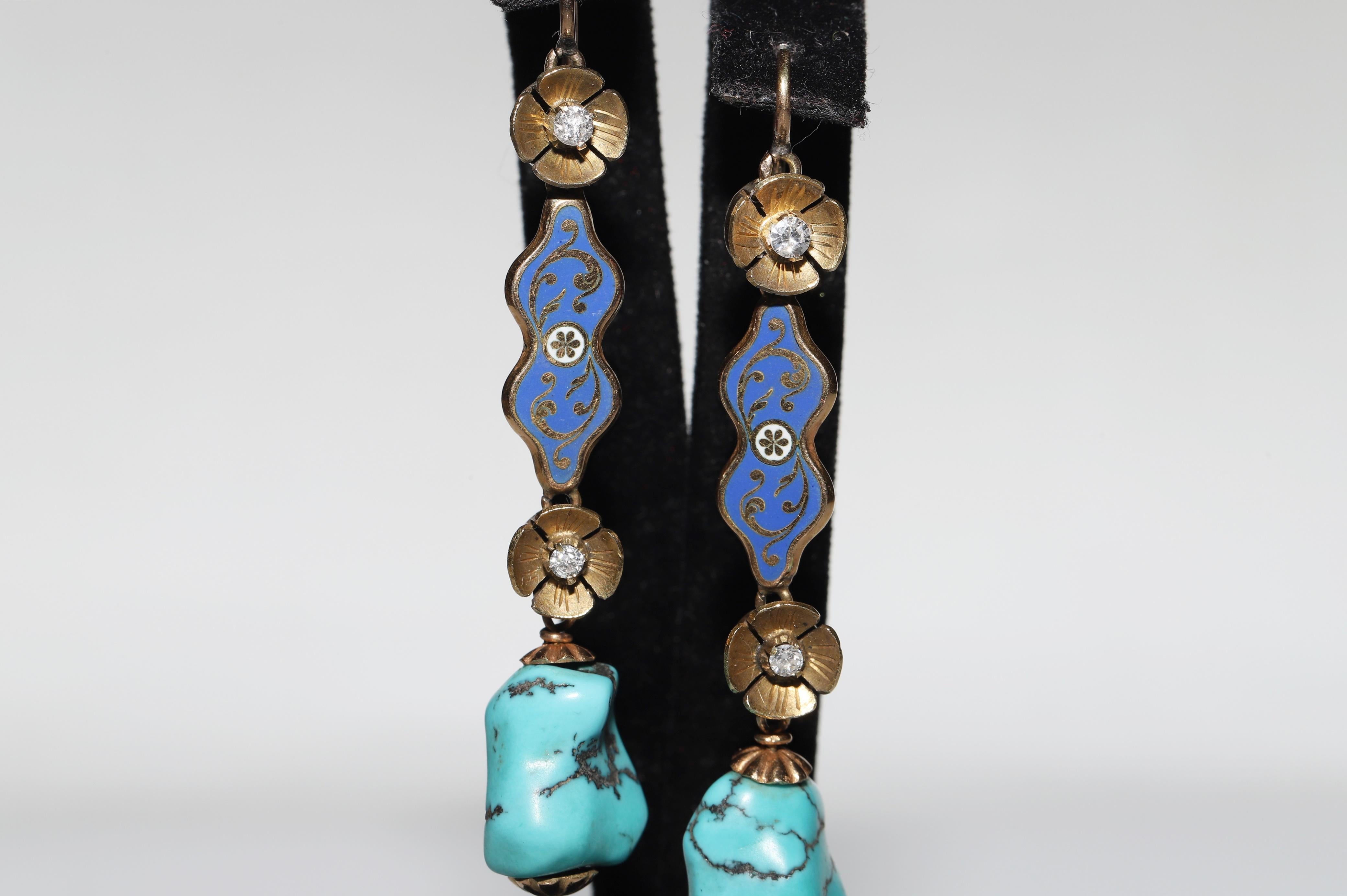 Antiker alter Original Ohrring aus 18 Karat Gold mit natürlichem Diamanten, Türkis und Emaille (Viktorianisch) im Angebot