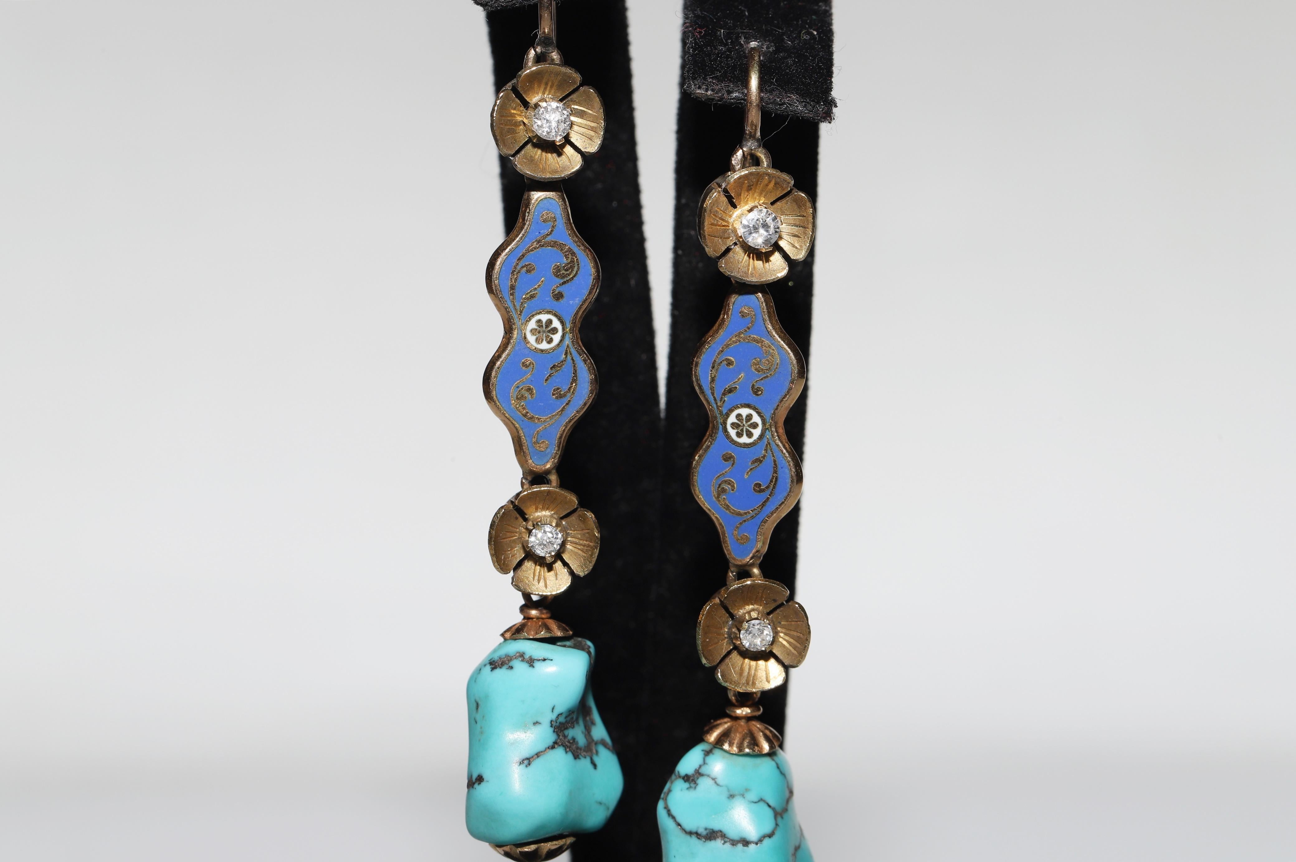 Victorien Boucle d'oreille ancienne en or 18k avec diamant naturel, turquoise et émail en vente