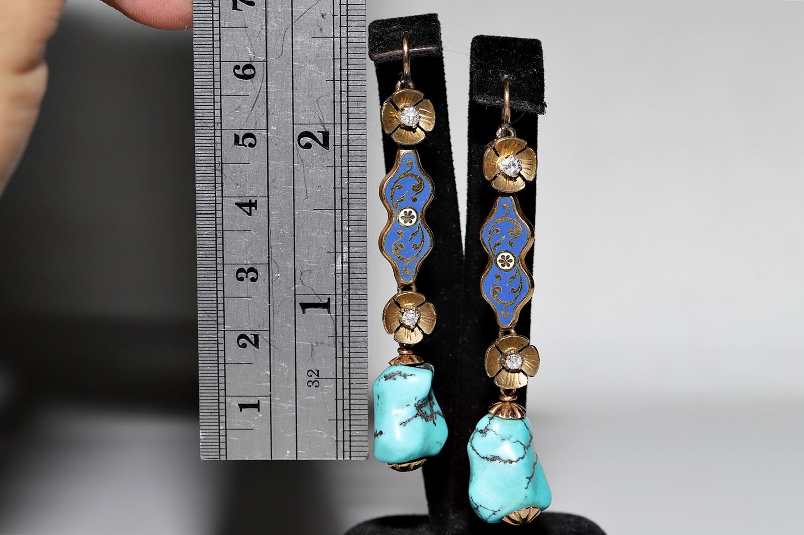 Brilliant Cut Antique Old Original 18k Gold Natural Diamond And Turquoise And Enamel Earring For Sale