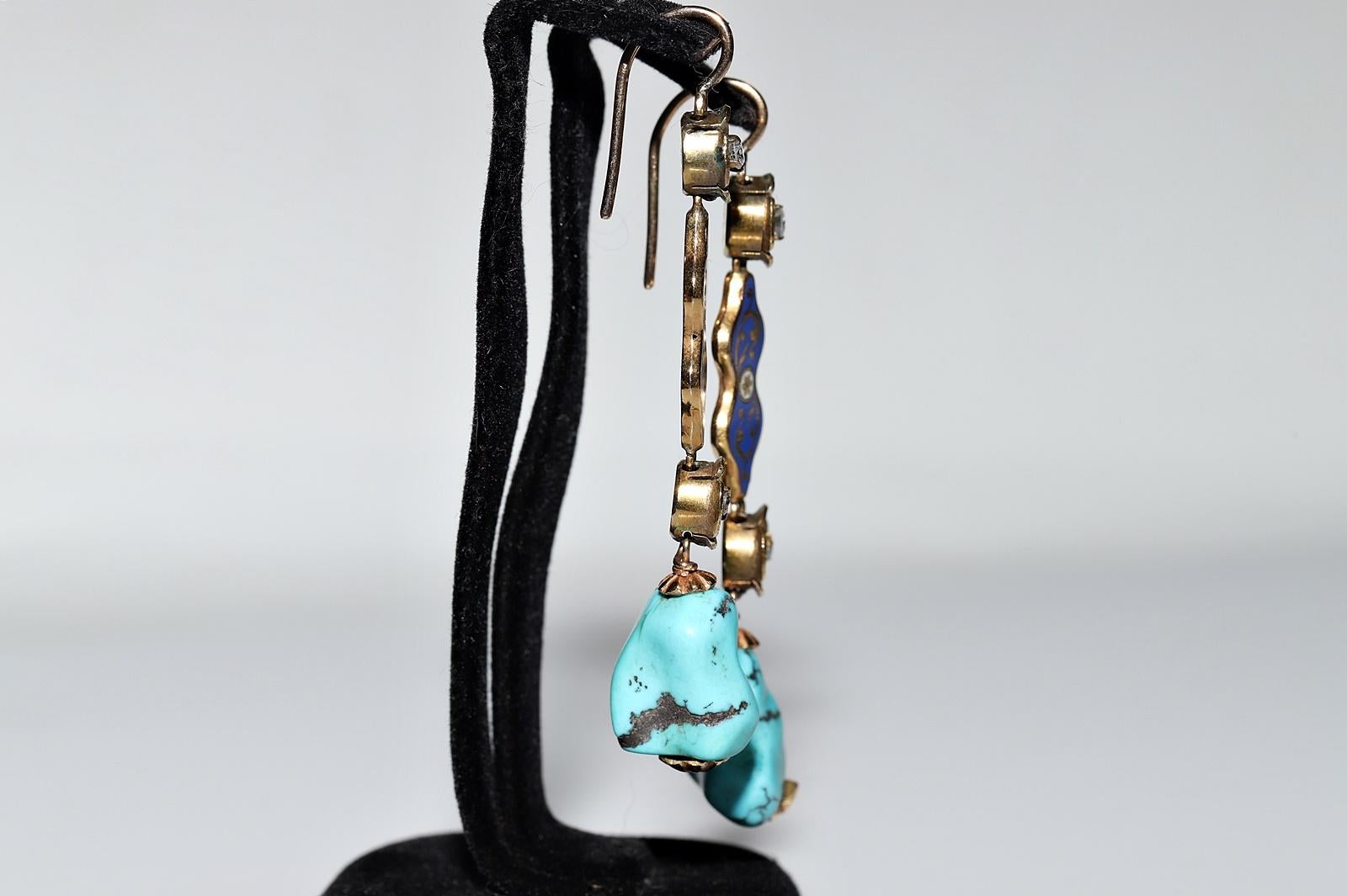 Boucle d'oreille ancienne en or 18k avec diamant naturel, turquoise et émail Bon état - En vente à Fatih/İstanbul, 34