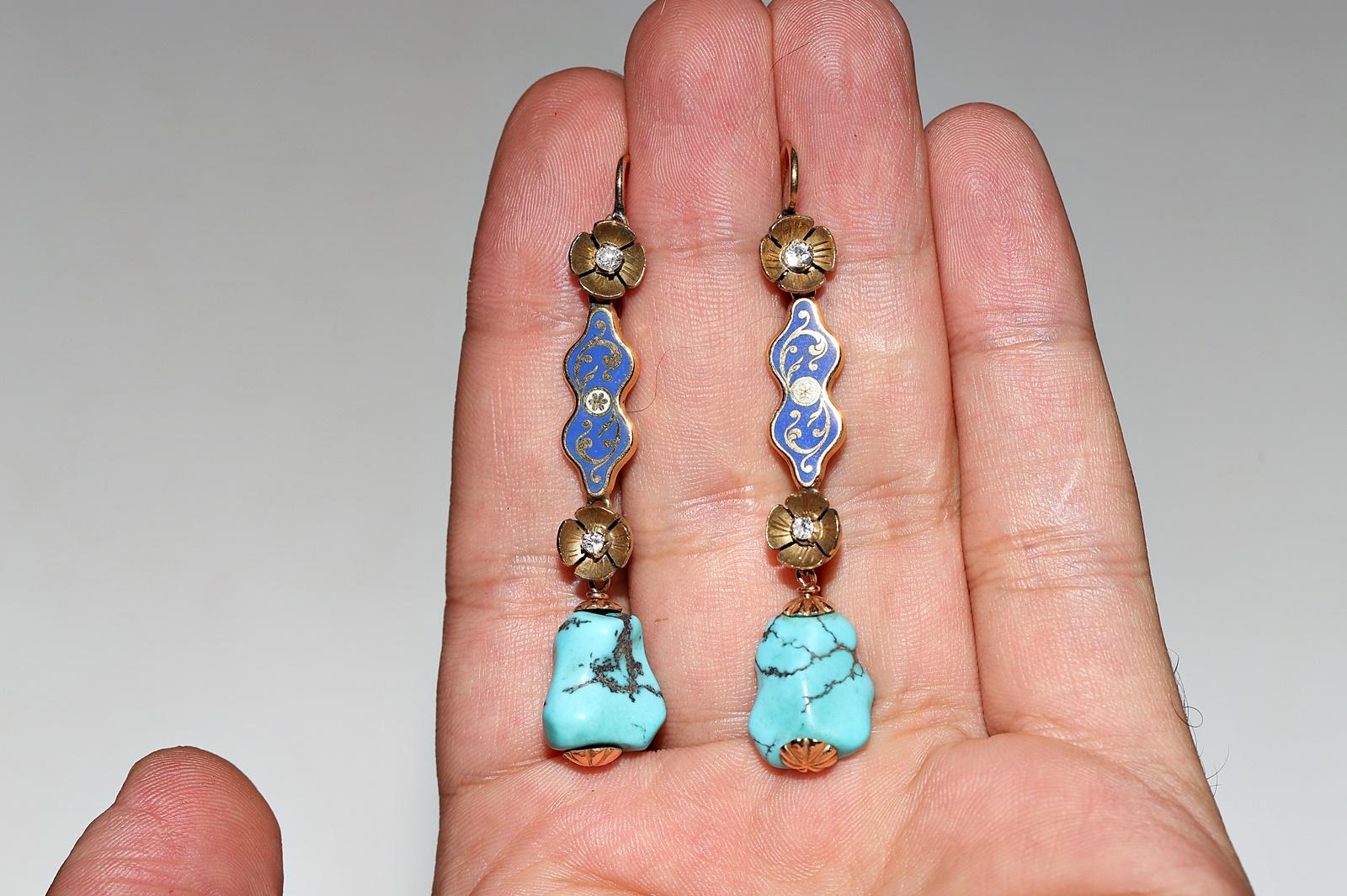 Boucle d'oreille ancienne en or 18k avec diamant naturel, turquoise et émail Pour femmes en vente