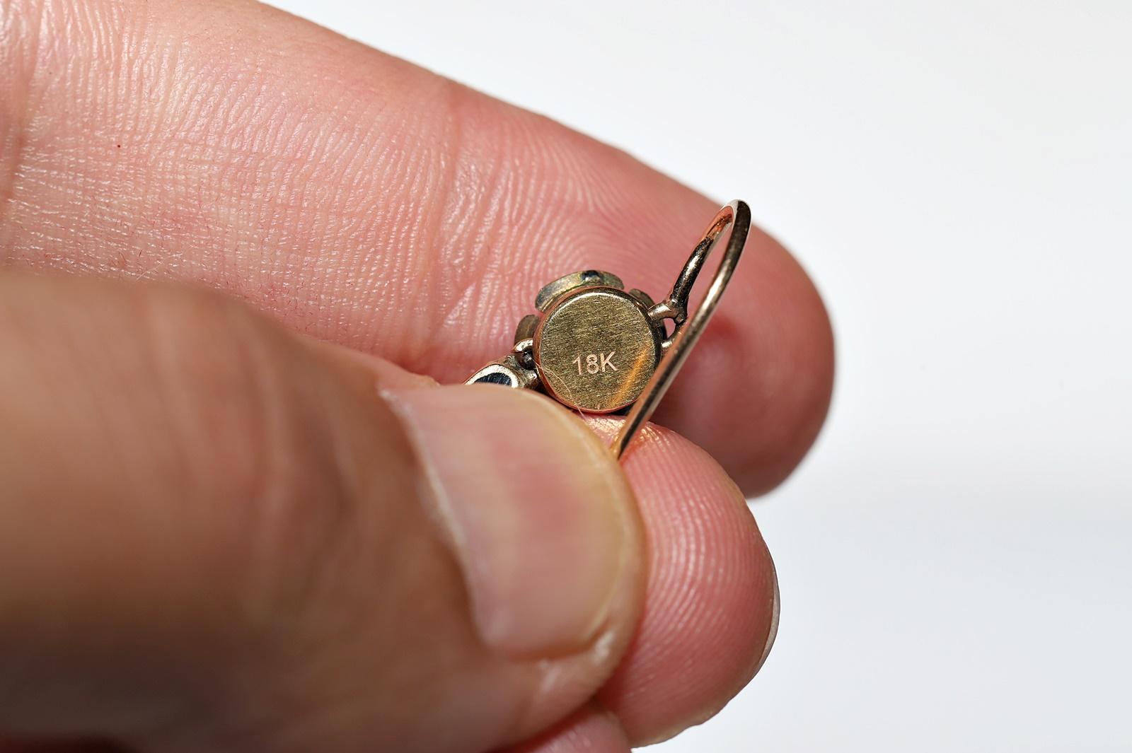 Boucle d'oreille ancienne en or 18k avec diamant naturel, turquoise et émail en vente 3