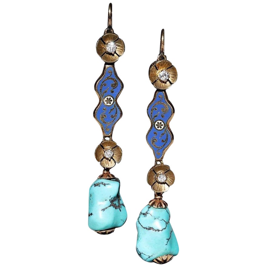 Boucle d
oreille ancienne en or 18k avec diamant naturel, turquoise et émail