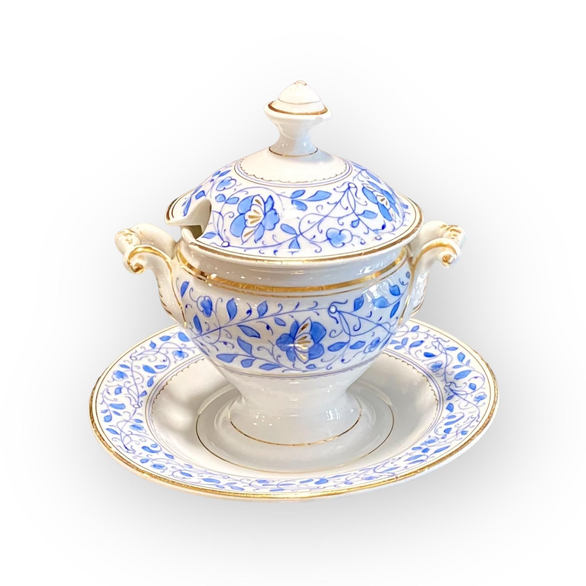 Antiguo Plato de Servicio y Servidor de Condimentos de Porcelana Azul y Dorada de Old Paris en venta 2