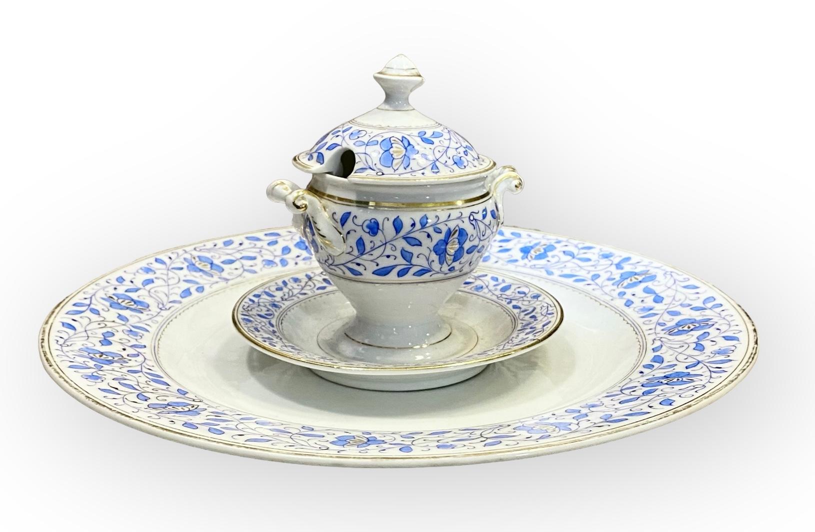 Antiguo Plato de Servicio y Servidor de Condimentos de Porcelana Azul y Dorada de Old Paris Francés en venta
