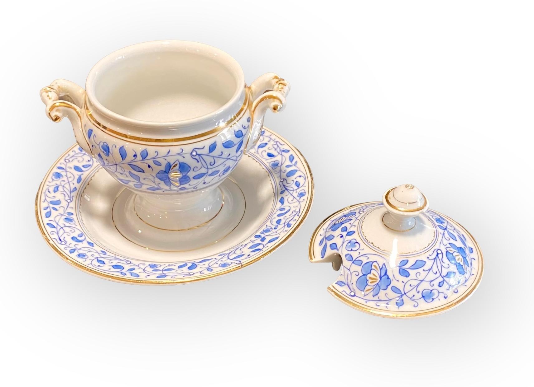 Antiguo Plato de Servicio y Servidor de Condimentos de Porcelana Azul y Dorada de Old Paris en Bueno estado para la venta en New Orleans, LA