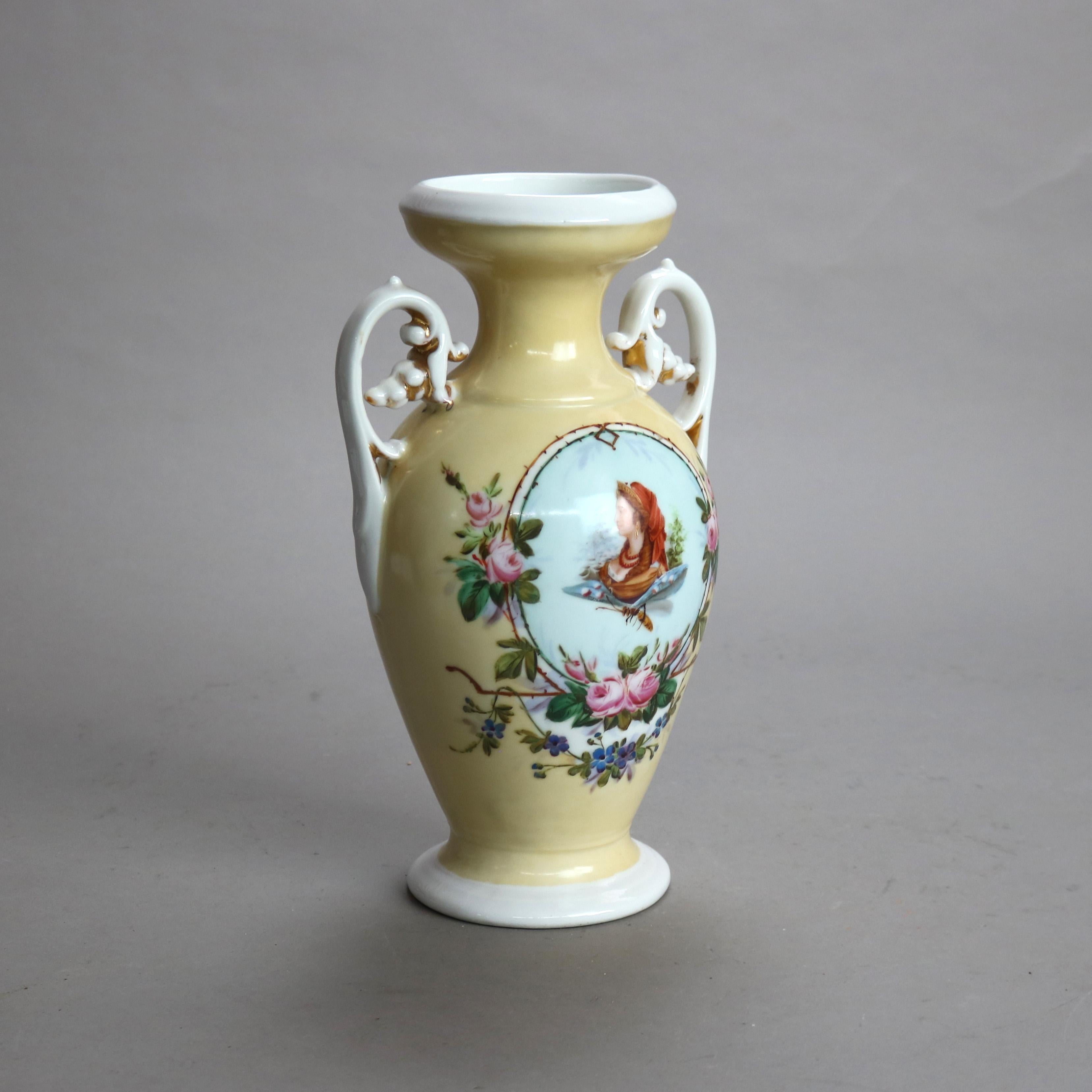 Antico vaso da ritratto in porcellana Old Paris dipinto a mano e dorato C1880 1