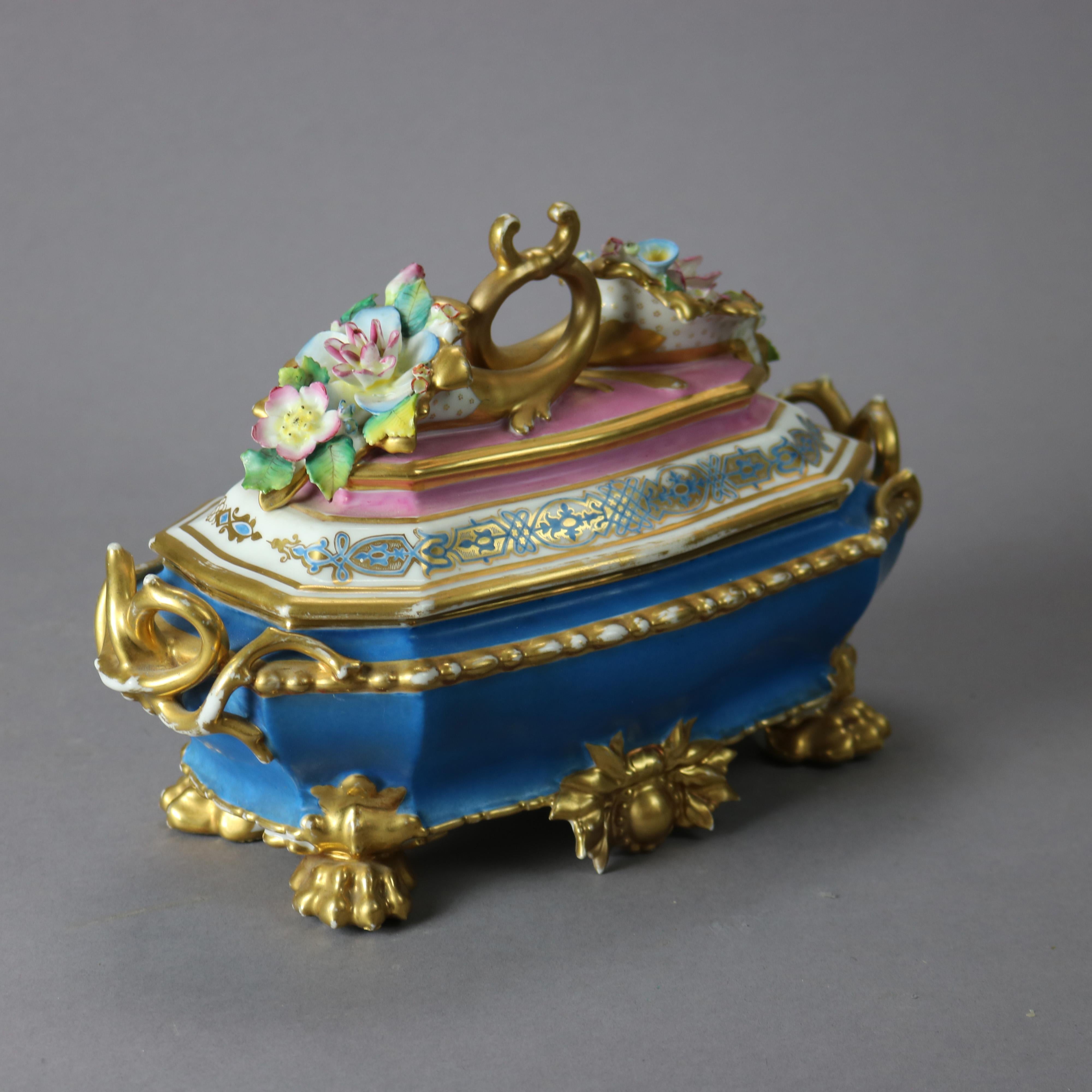 Antique Old Paris Porcelain Hand Painted & Gilt Decorated Glove Box 19th C In Good Condition In Big Flats, NY