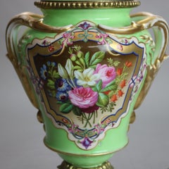 Antique Old Paris Porcelain Oil Lamp with Tam-O-Shanter Etched Glass Shade c1890