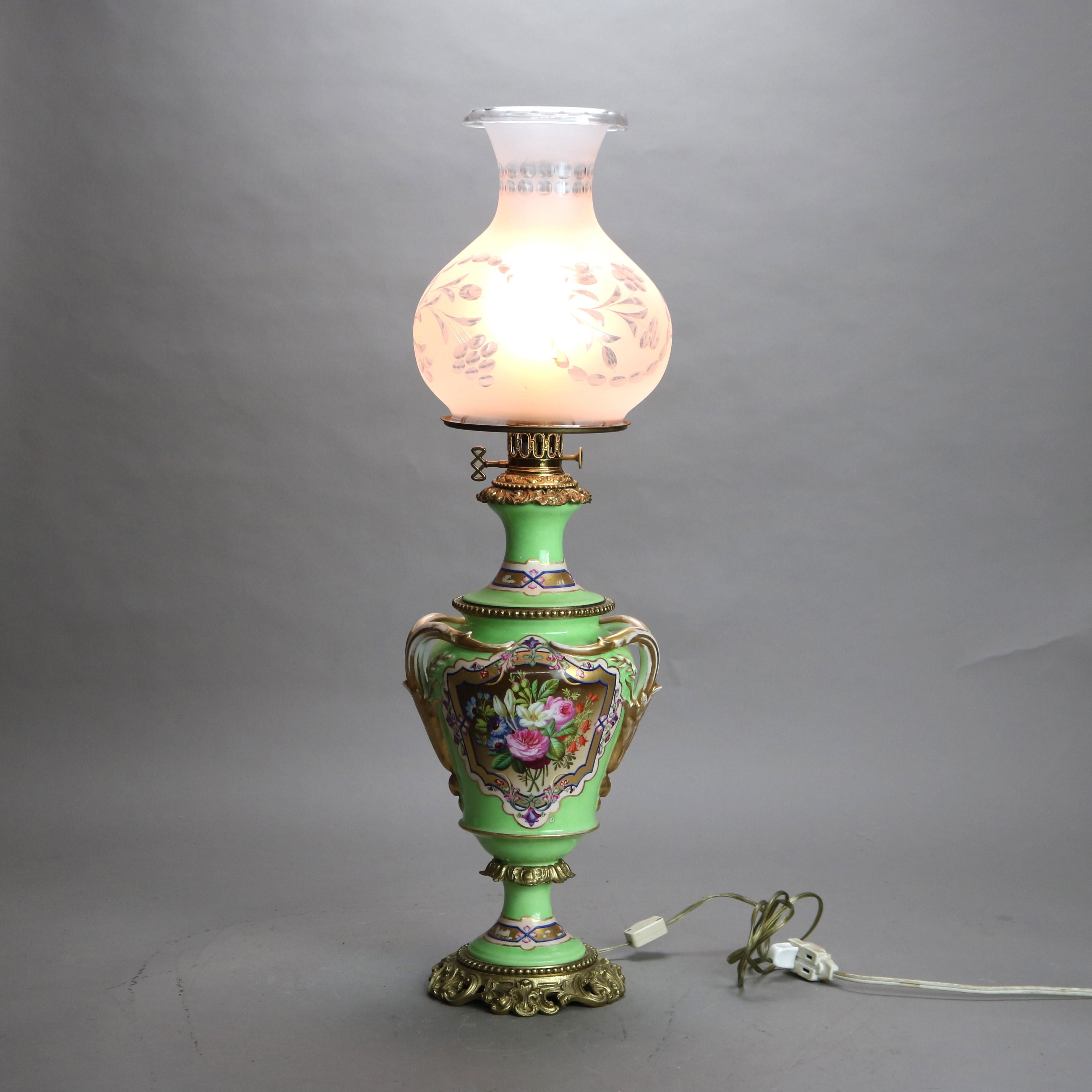 American Antique Old Paris Porcelain Oil Lamp with Tam-O-Shanter Etched Glass Shade c1890