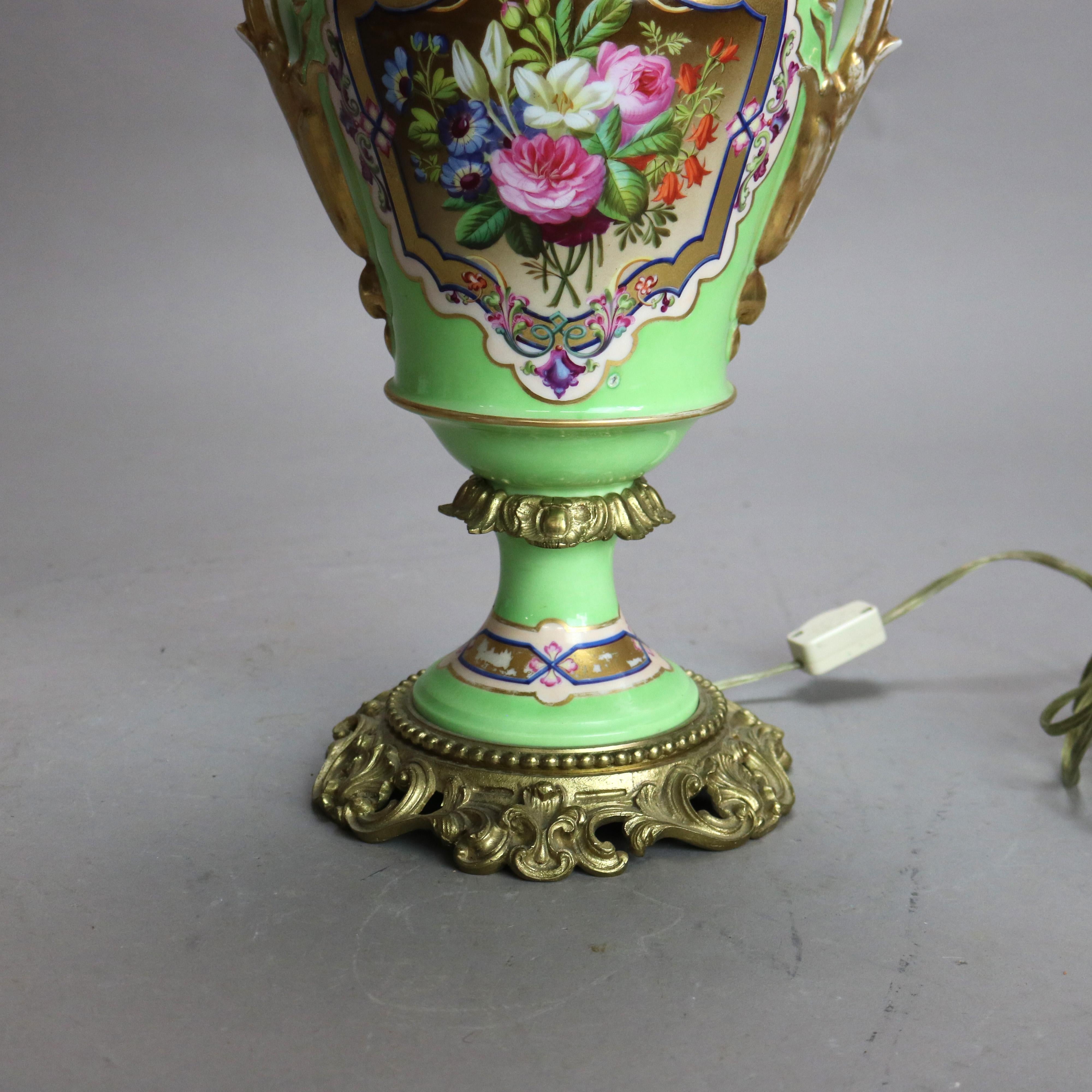 Antique Old Paris Porcelain Oil Lamp with Tam-O-Shanter Etched Glass Shade c1890 In Good Condition In Big Flats, NY