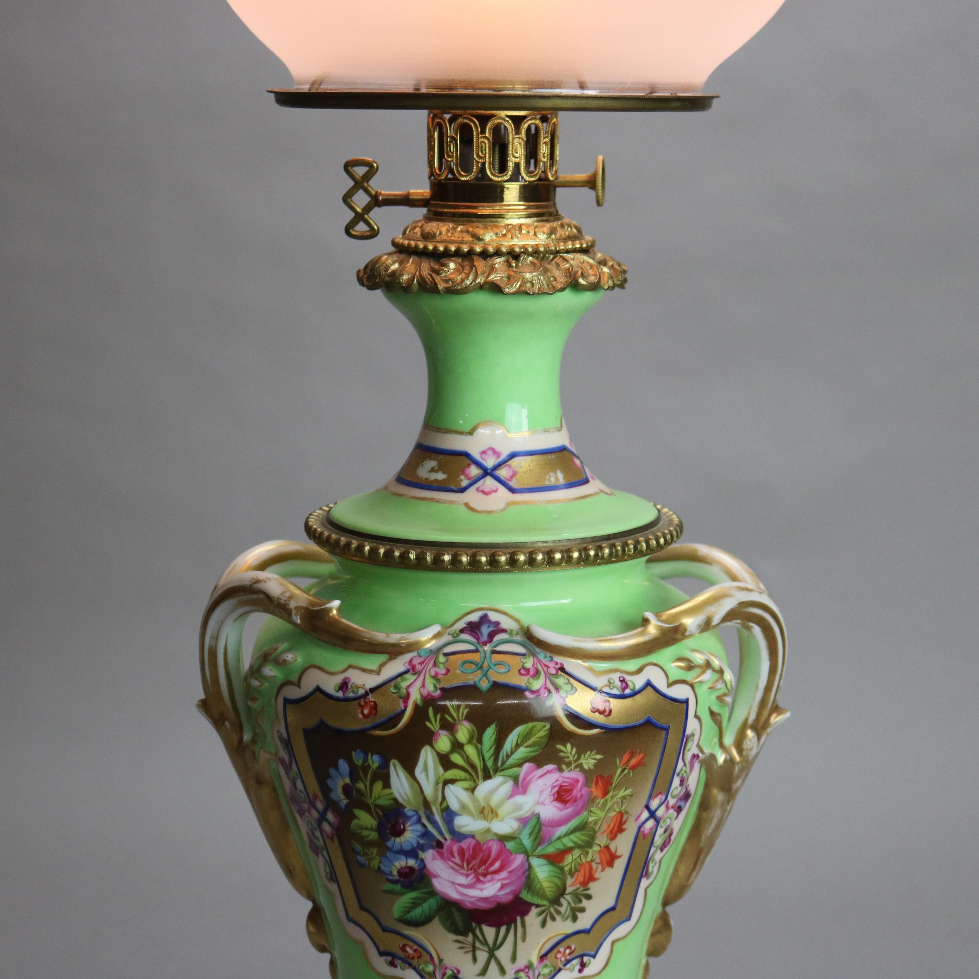 19th Century Antique Old Paris Porcelain Oil Lamp with Tam-O-Shanter Etched Glass Shade c1890