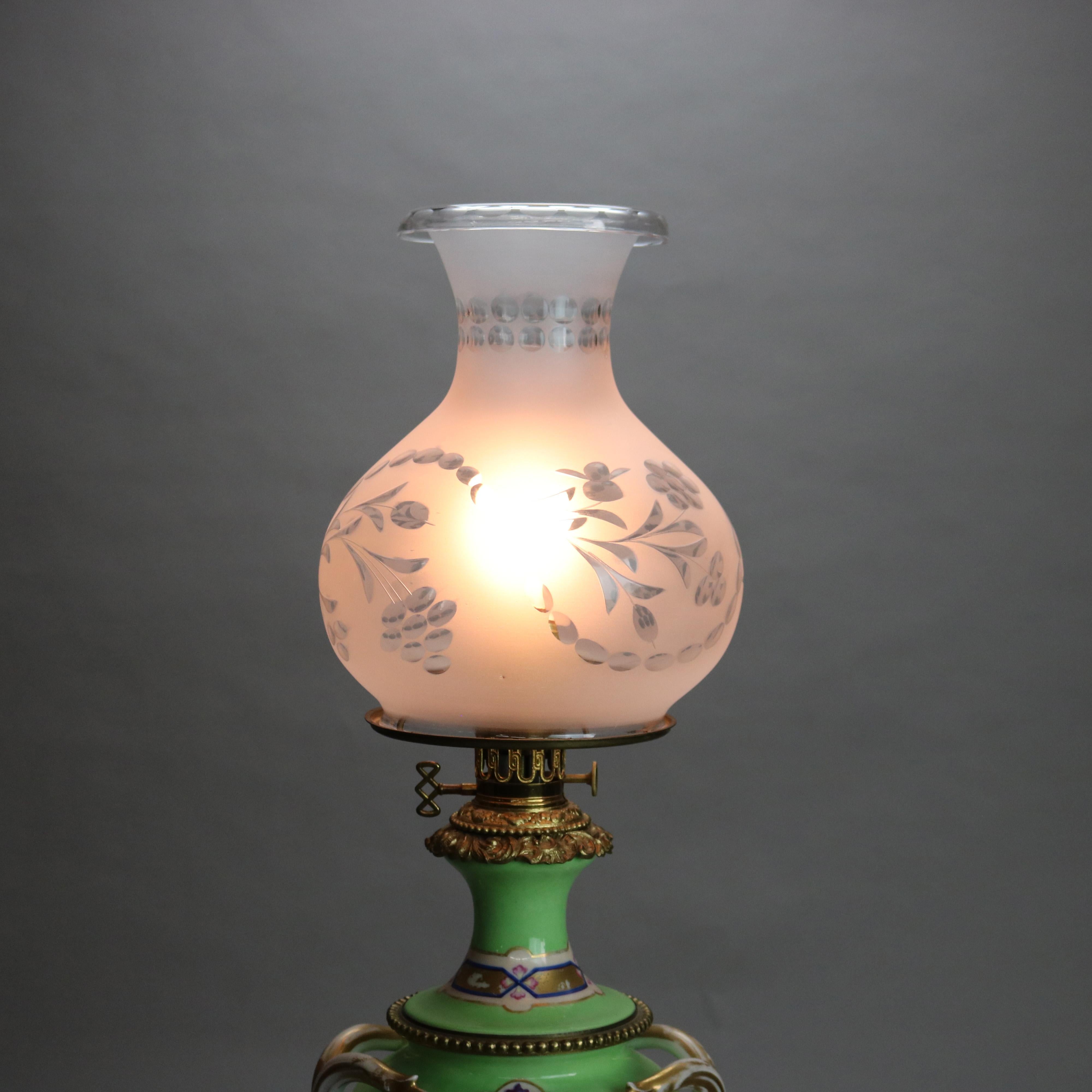 Antique Old Paris Porcelain Oil Lamp with Tam-O-Shanter Etched Glass Shade c1890 1