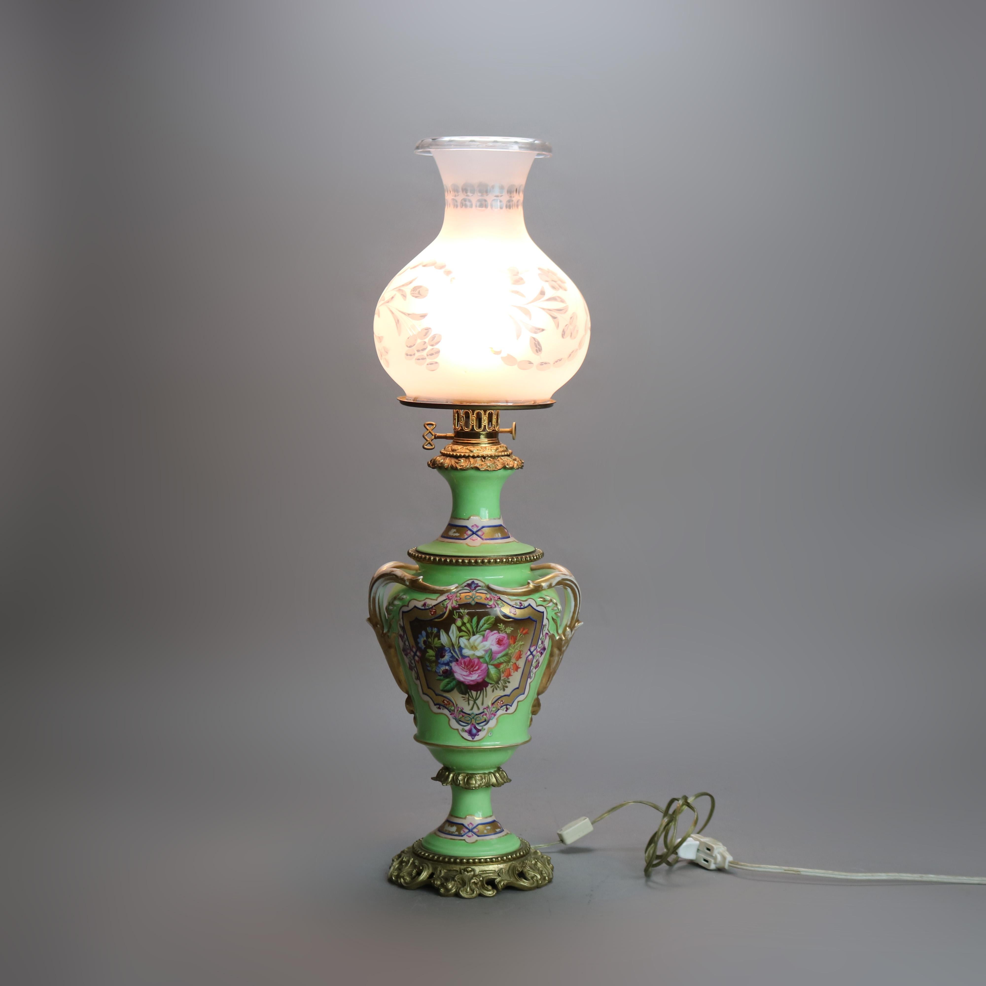 Antique Old Paris Porcelain Oil Lamp with Tam-O-Shanter Etched Glass Shade c1890 2