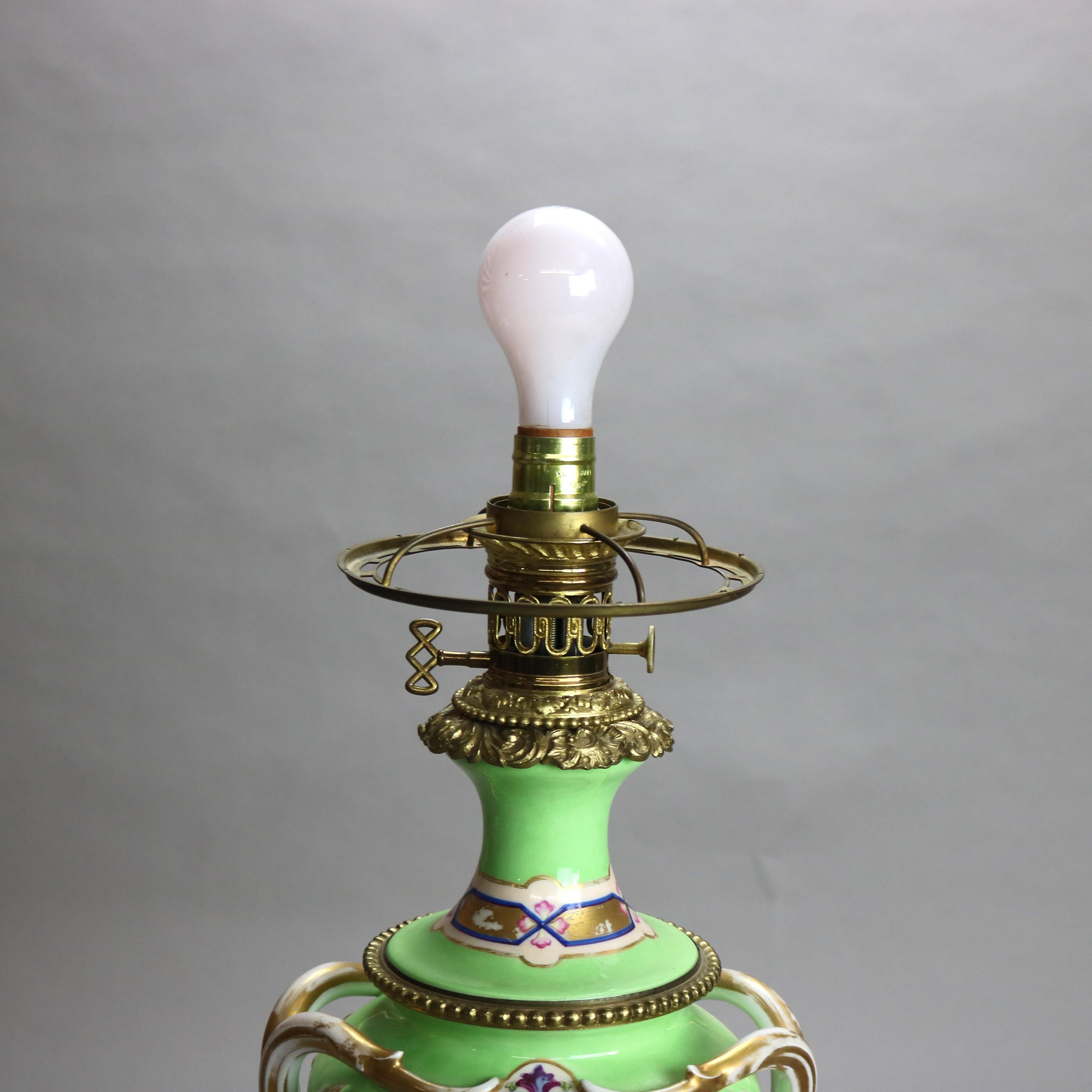 Antique Old Paris Porcelain Oil Lamp with Tam-O-Shanter Etched Glass Shade c1890 3