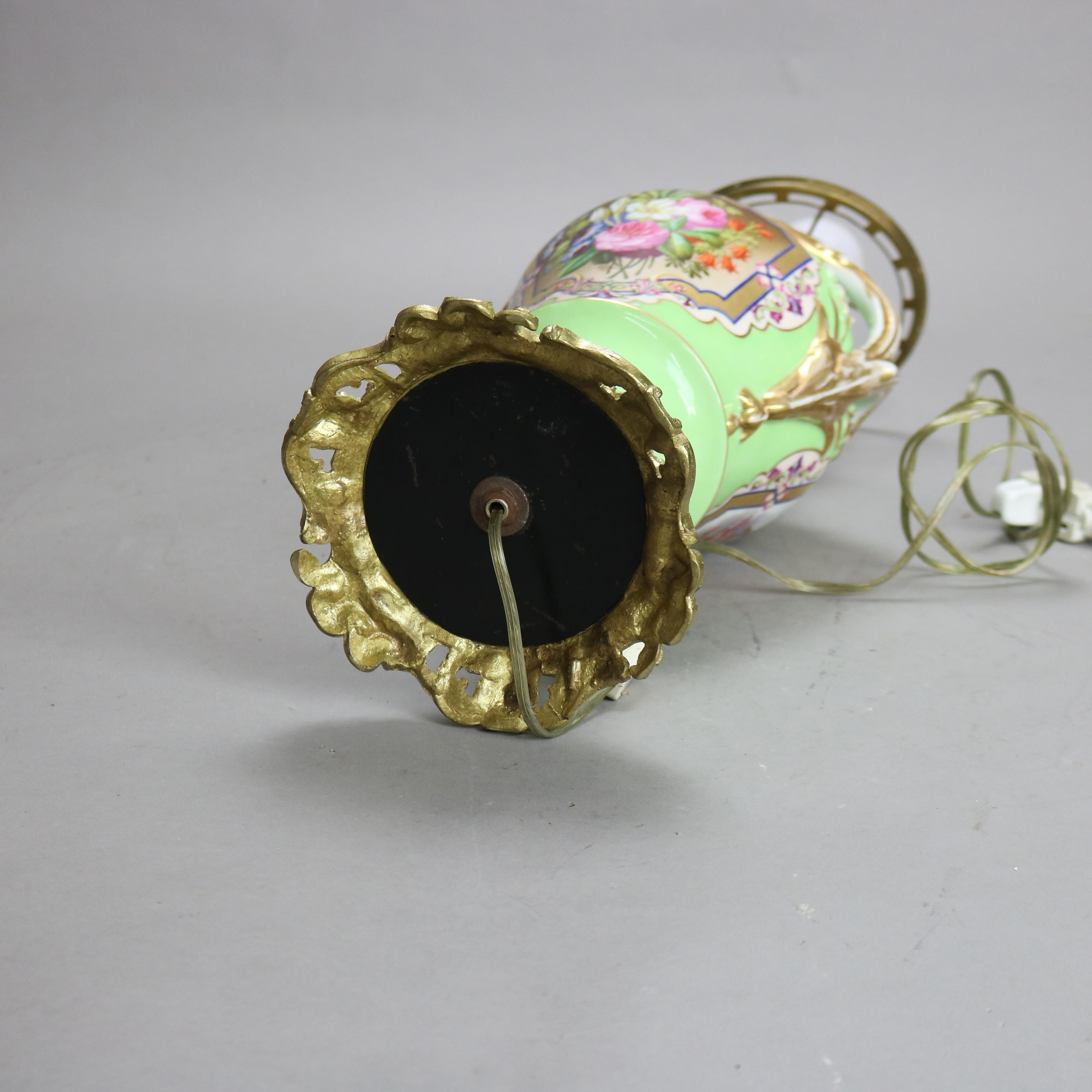 Antique Old Paris Porcelain Oil Lamp with Tam-O-Shanter Etched Glass Shade c1890 4