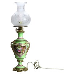 Antique Old Paris Porcelain Oil Lamp with Tam-O-Shanter Etched Glass Shade c1890