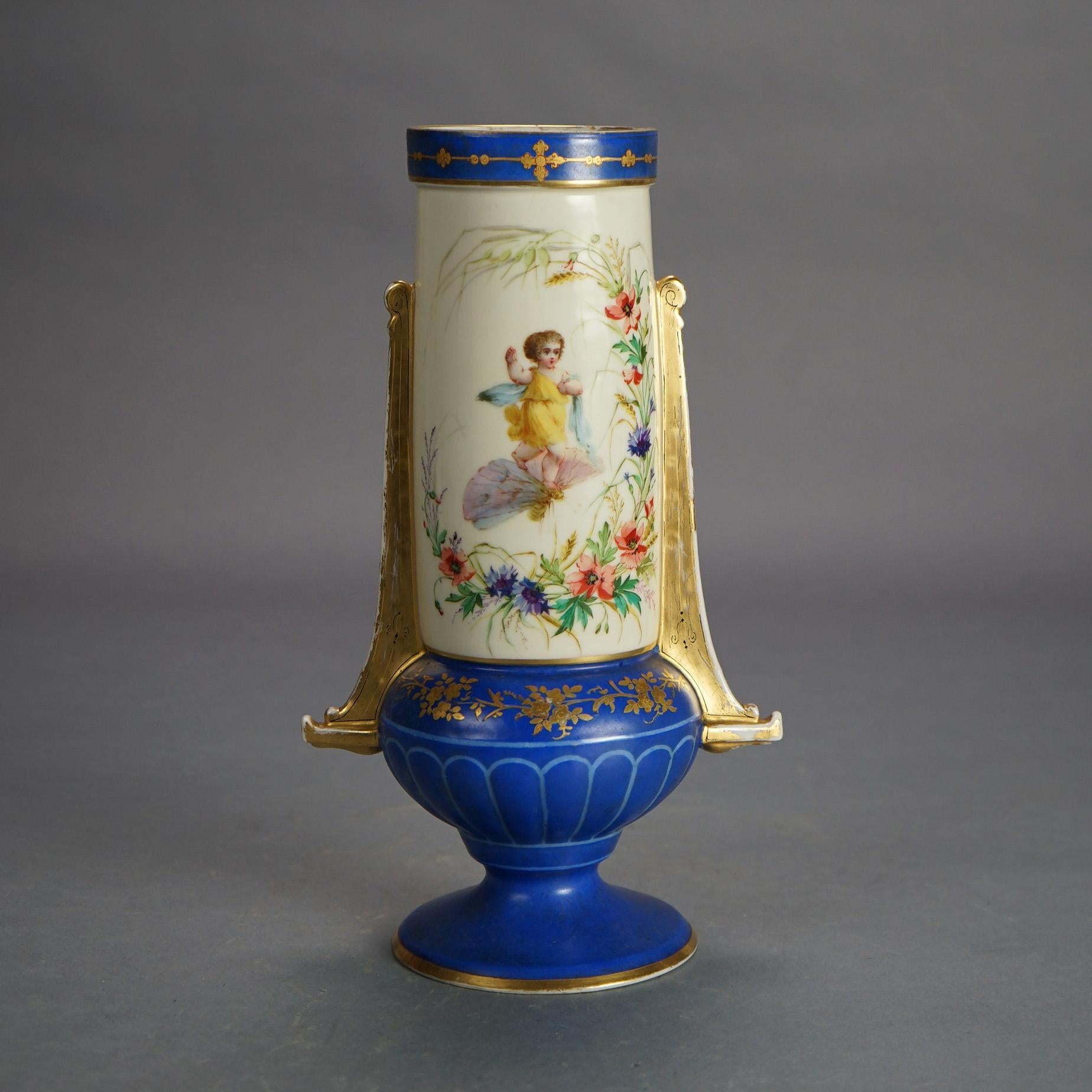 Antiguo Jarrón de Porcelana Old Paris con Retrato de Niña y Resalte Dorado C1890 Francés en venta
