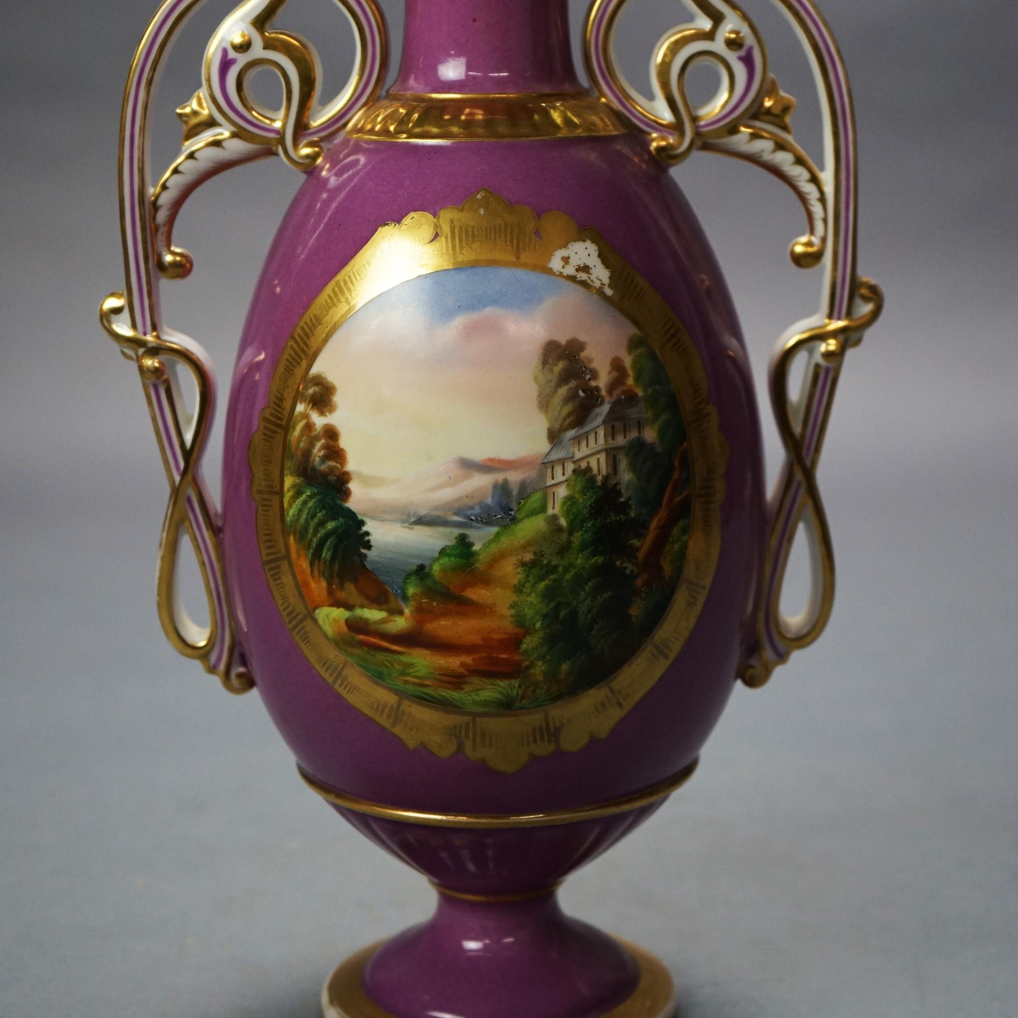 Antico vaso in porcellana Old Paris con paesaggio scenico e manici a voluta C1880 In condizioni buone in vendita a Big Flats, NY