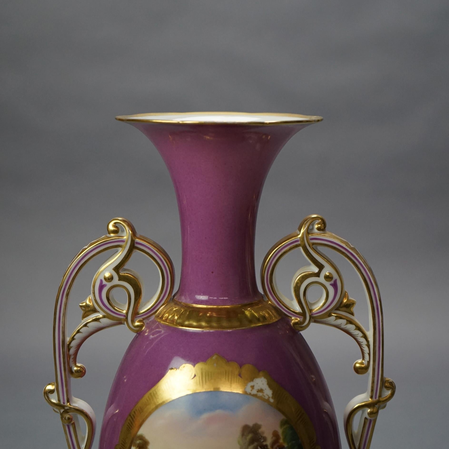 XIX secolo Antico vaso in porcellana Old Paris con paesaggio scenico e manici a voluta C1880 in vendita