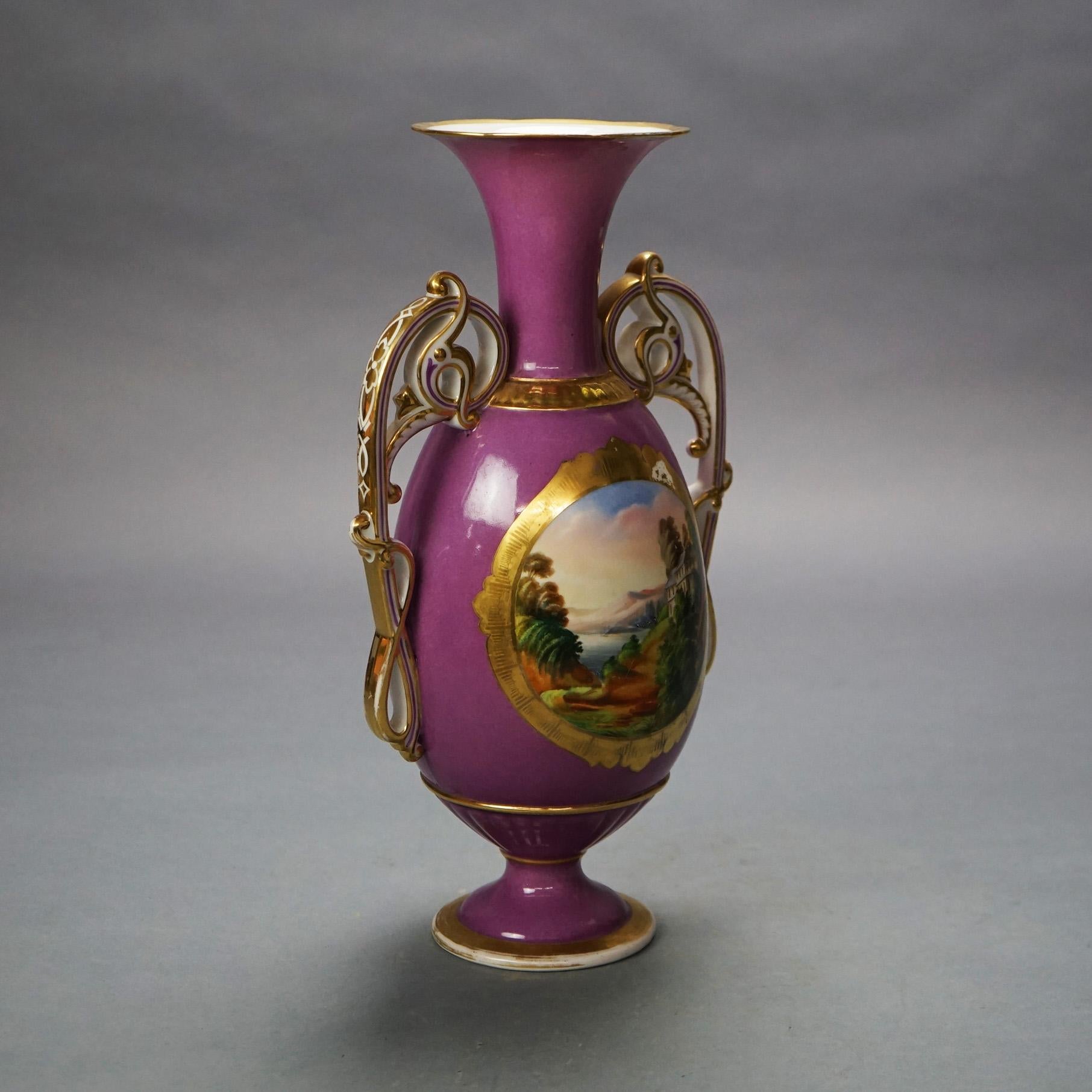 Antico vaso in porcellana Old Paris con paesaggio scenico e manici a voluta C1880 in vendita 2