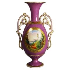 Antiquité Old Paris Vase en porcelaine paysage avec poignées en forme de volute C1880