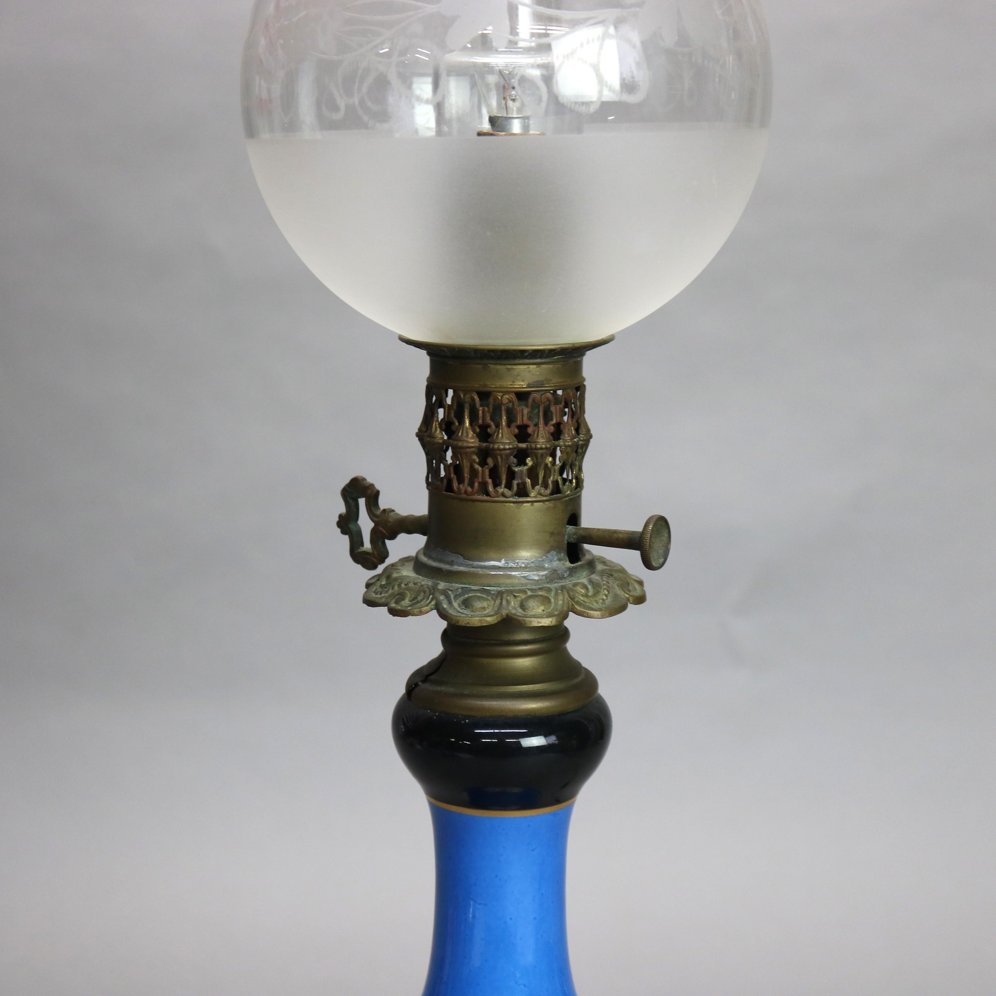 Antique Old Paris Porcelain Table Lamp with Etched Glass Shade C1870 In Good Condition In Big Flats, NY