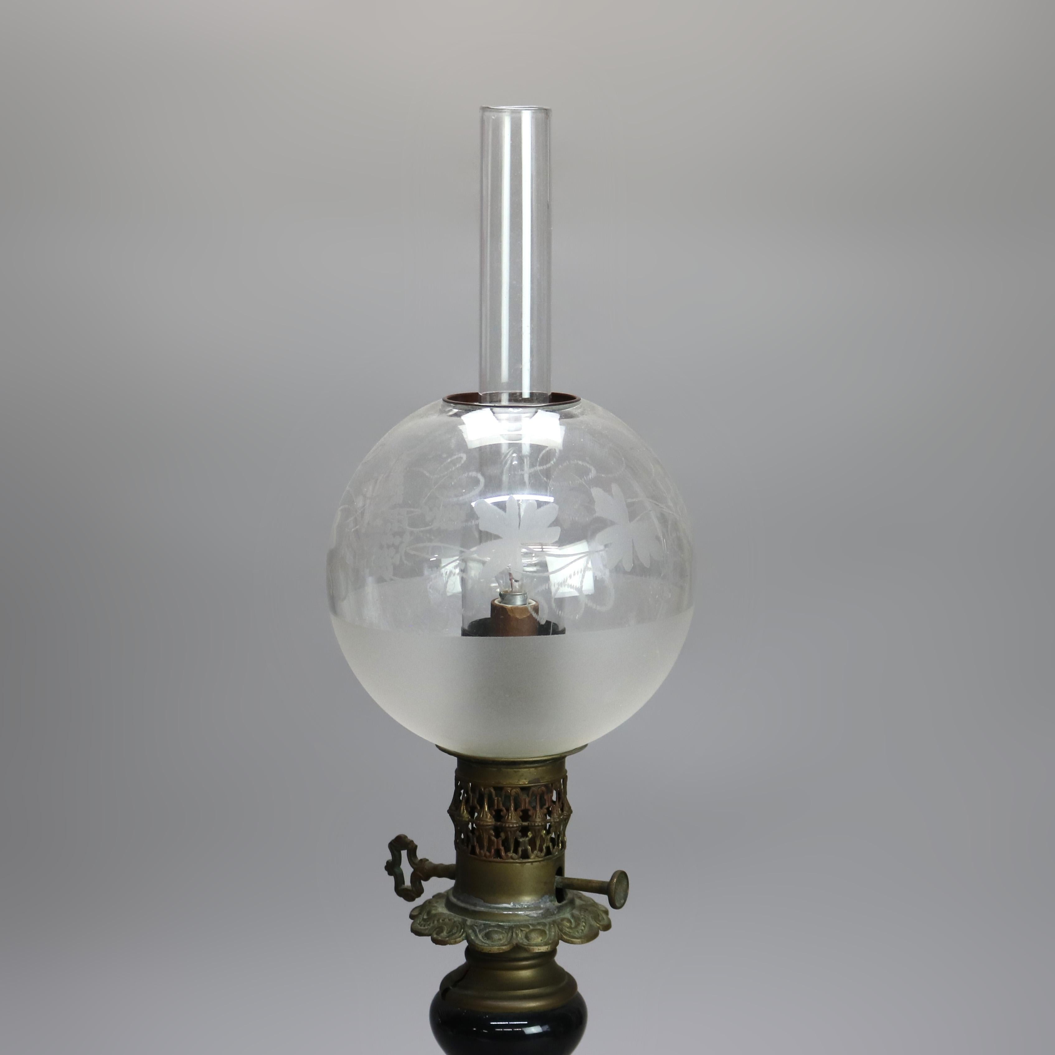 19th Century Antique Old Paris Porcelain Table Lamp with Etched Glass Shade C1870