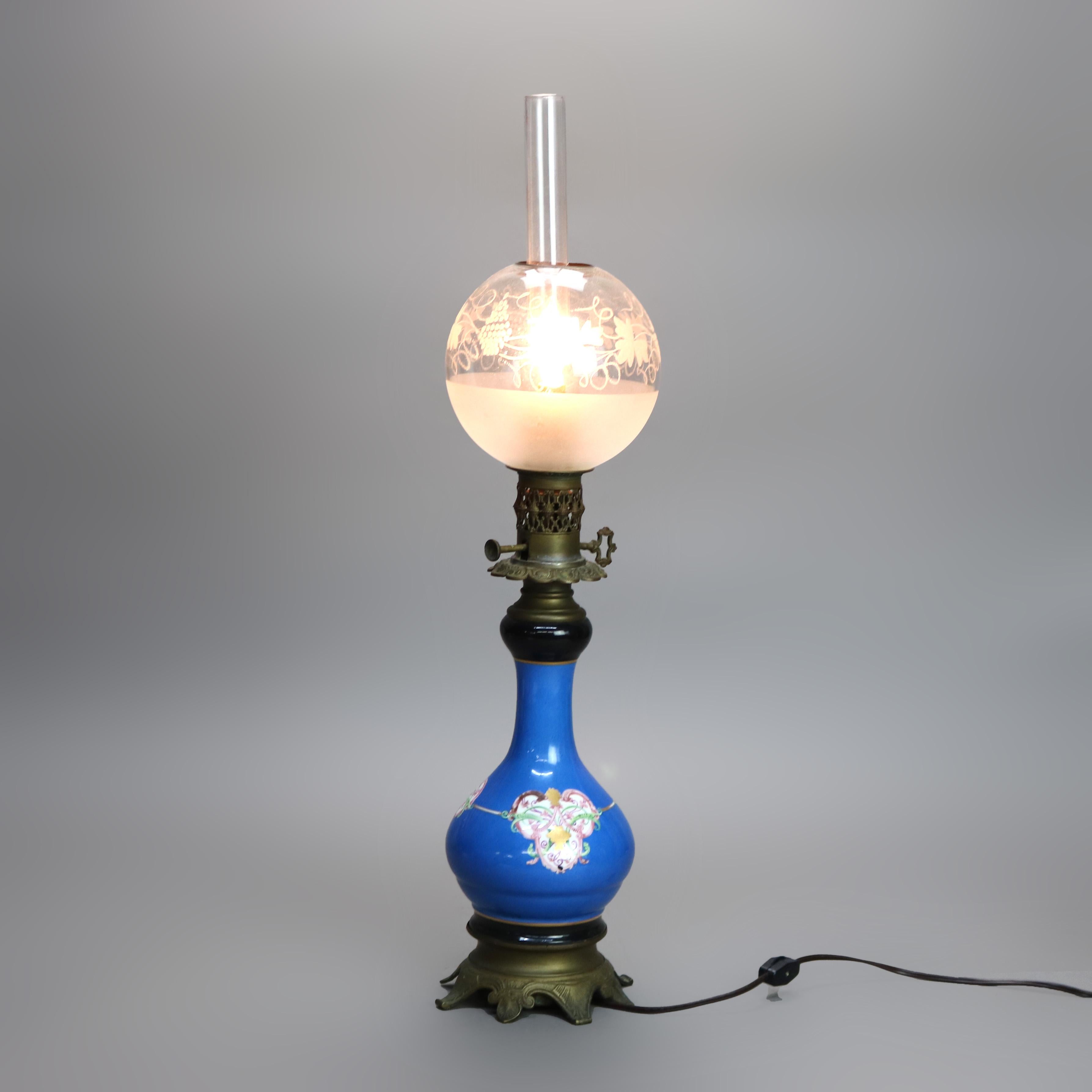 Antique Old Paris Porcelain Table Lamp with Etched Glass Shade C1870 3