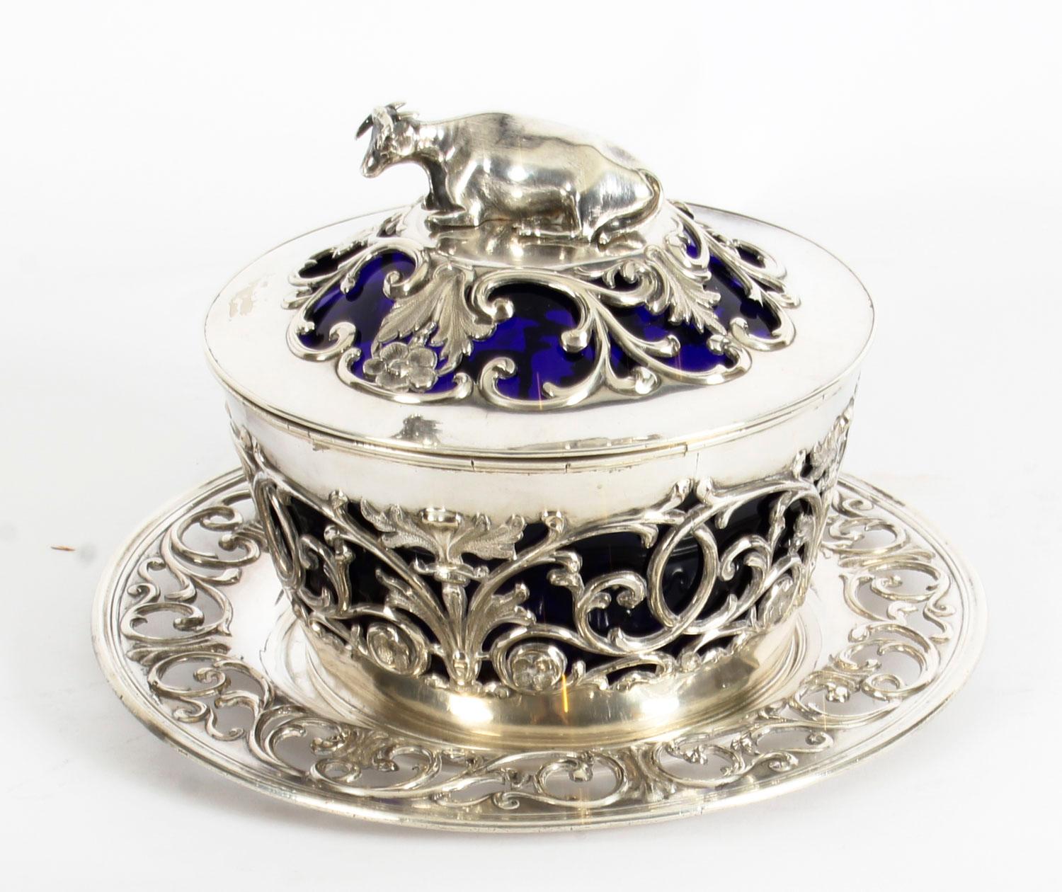 Old Sheffield Silver Plated and Bristol Blue Glass Butter Dish, 19th Century 6