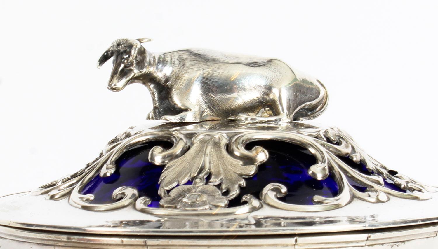 English Old Sheffield Silver Plated and Bristol Blue Glass Butter Dish, 19th Century