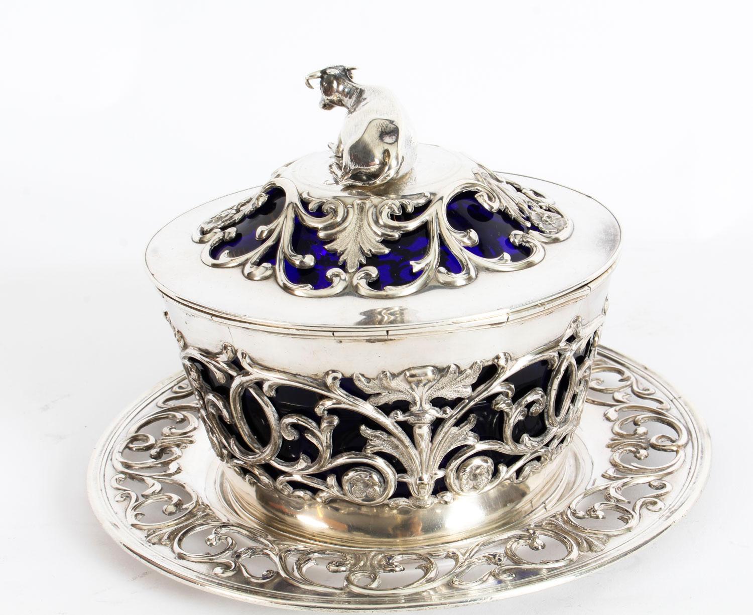 Old Sheffield Silver Plated and Bristol Blue Glass Butter Dish, 19th Century In Good Condition In London, GB