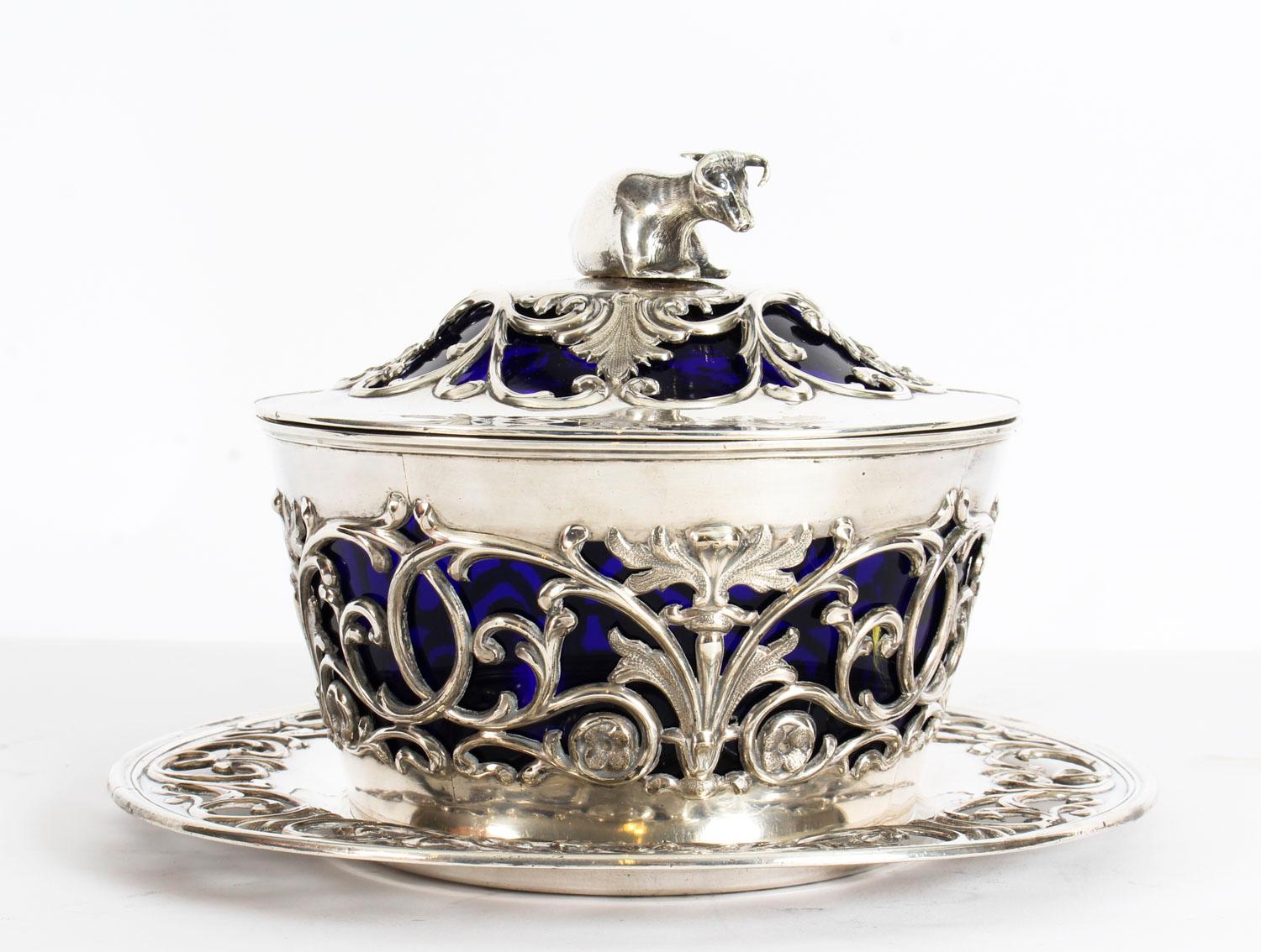 Early 19th Century Old Sheffield Silver Plated and Bristol Blue Glass Butter Dish, 19th Century