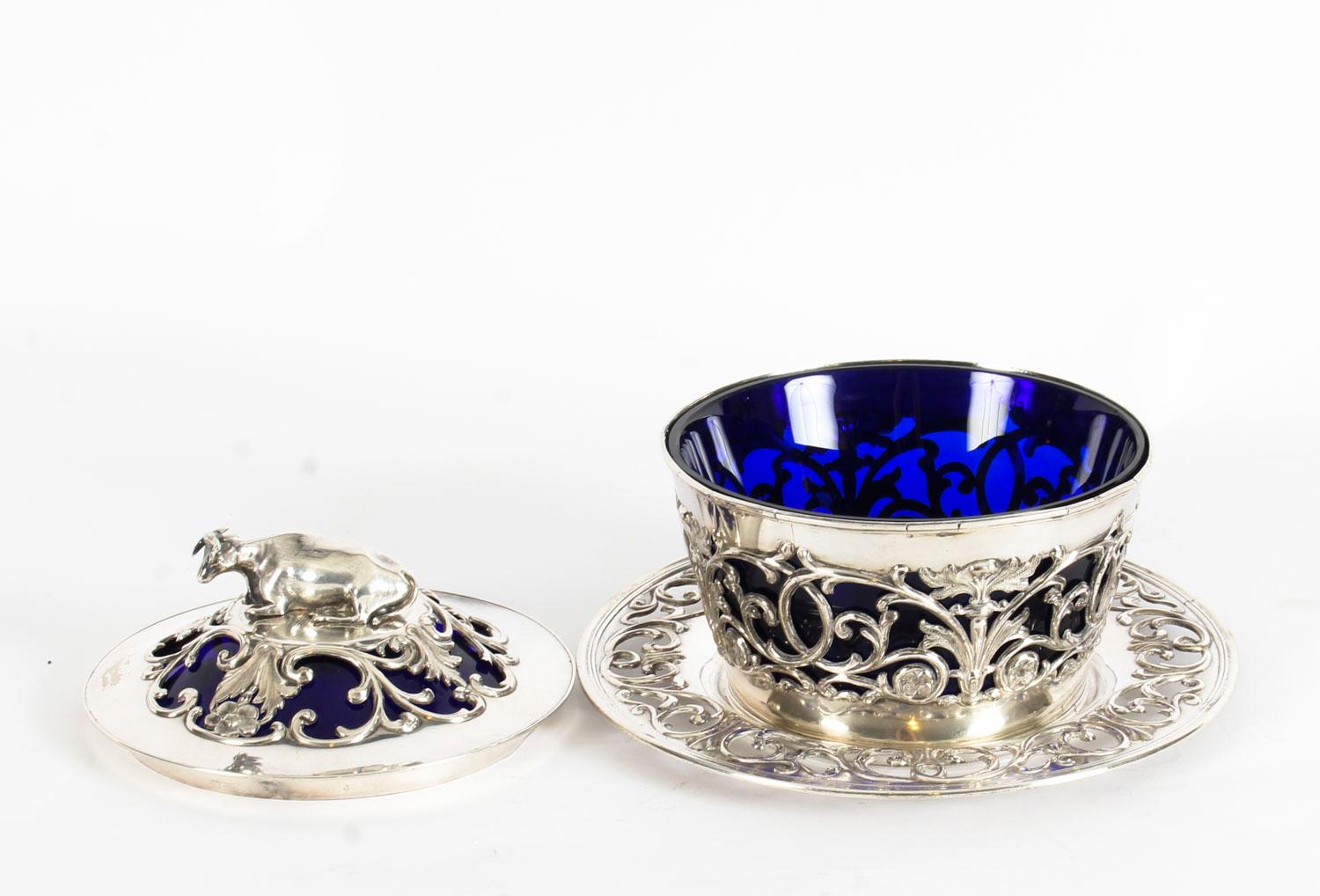 Sheffield Plate Old Sheffield Silver Plated and Bristol Blue Glass Butter Dish, 19th Century