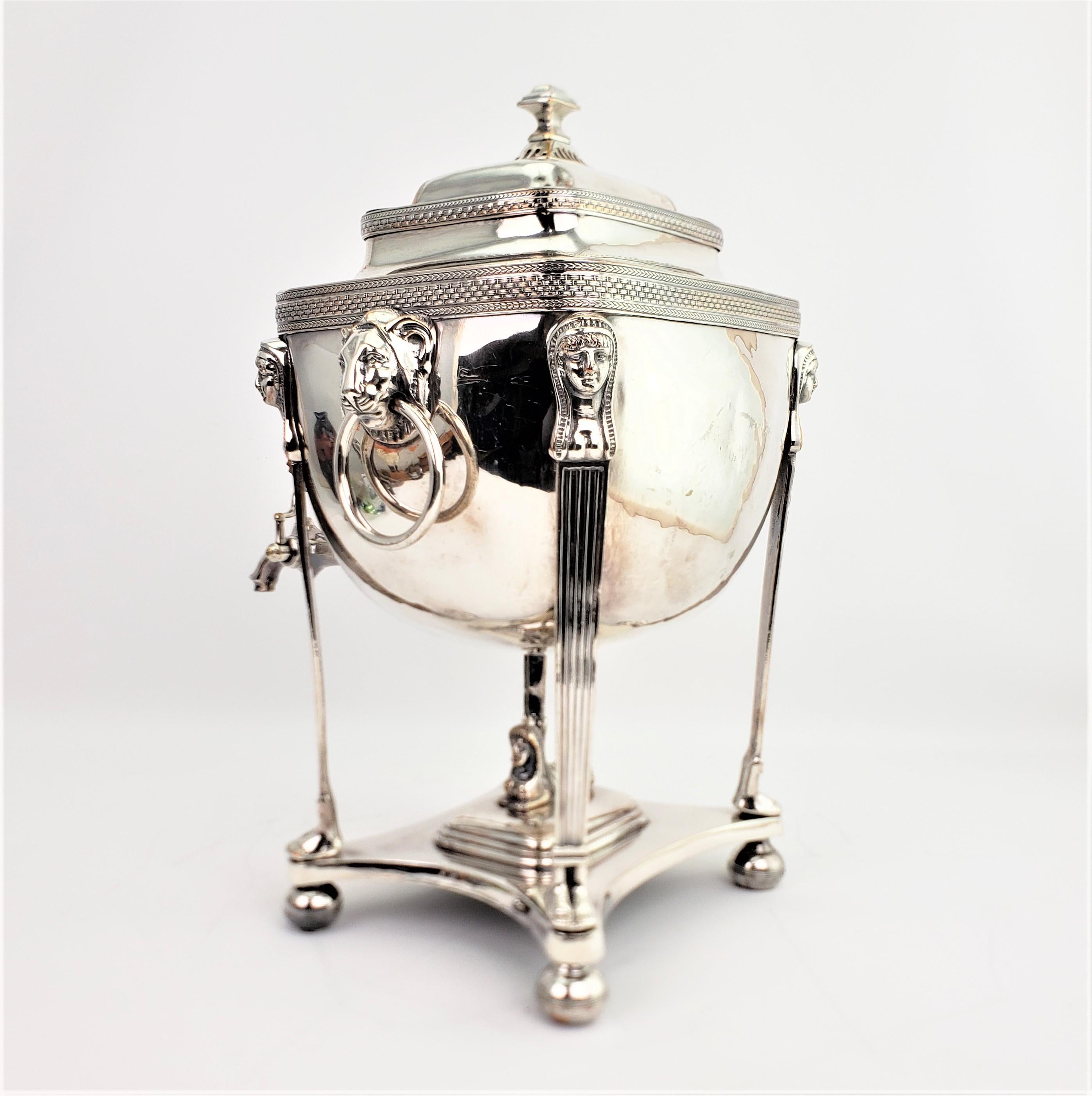 Antique Old Sheffield Silver Plated Hot Water Server with Egyptian Revival Decor In Good Condition In Hamilton, Ontario