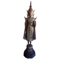 Ancien bouddha Ayuttaya en bronze laqué et doré du vieux Siam / Thaïlande