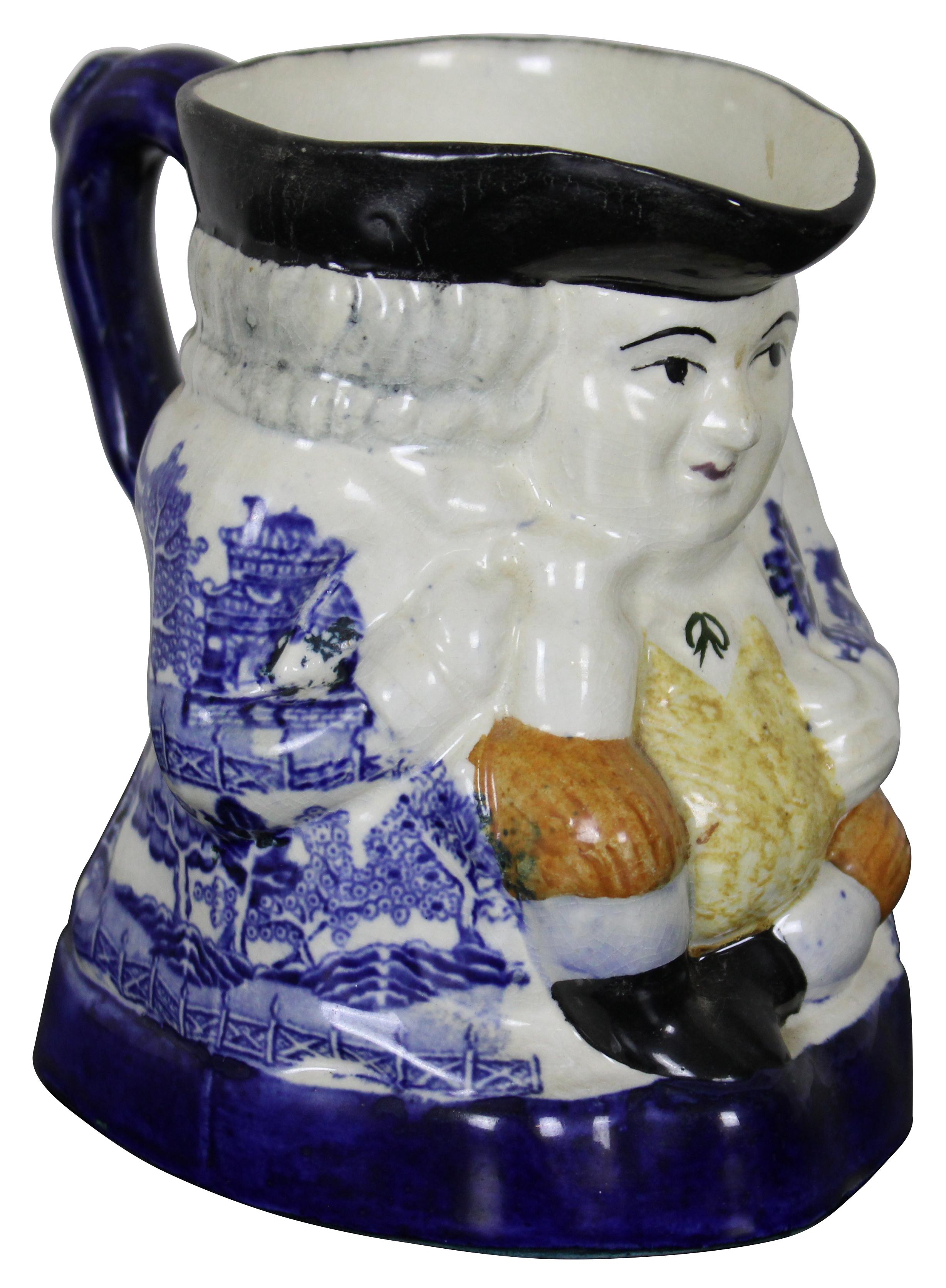 Federal Antique Old Staffordshire Blue Willow Toby Jug Pitcher Colonial Englishman