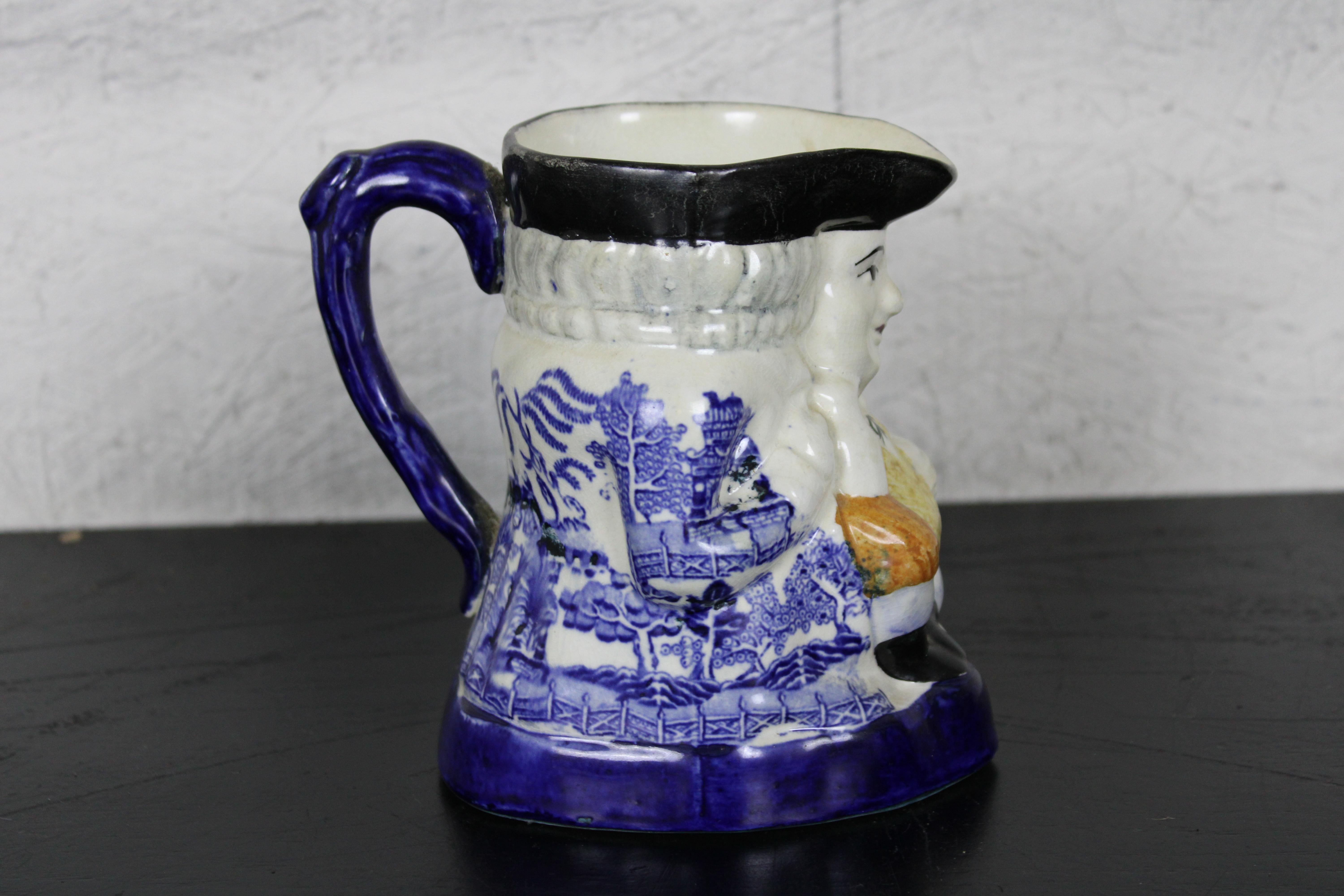 20th Century Antique Old Staffordshire Blue Willow Toby Jug Pitcher Colonial Englishman