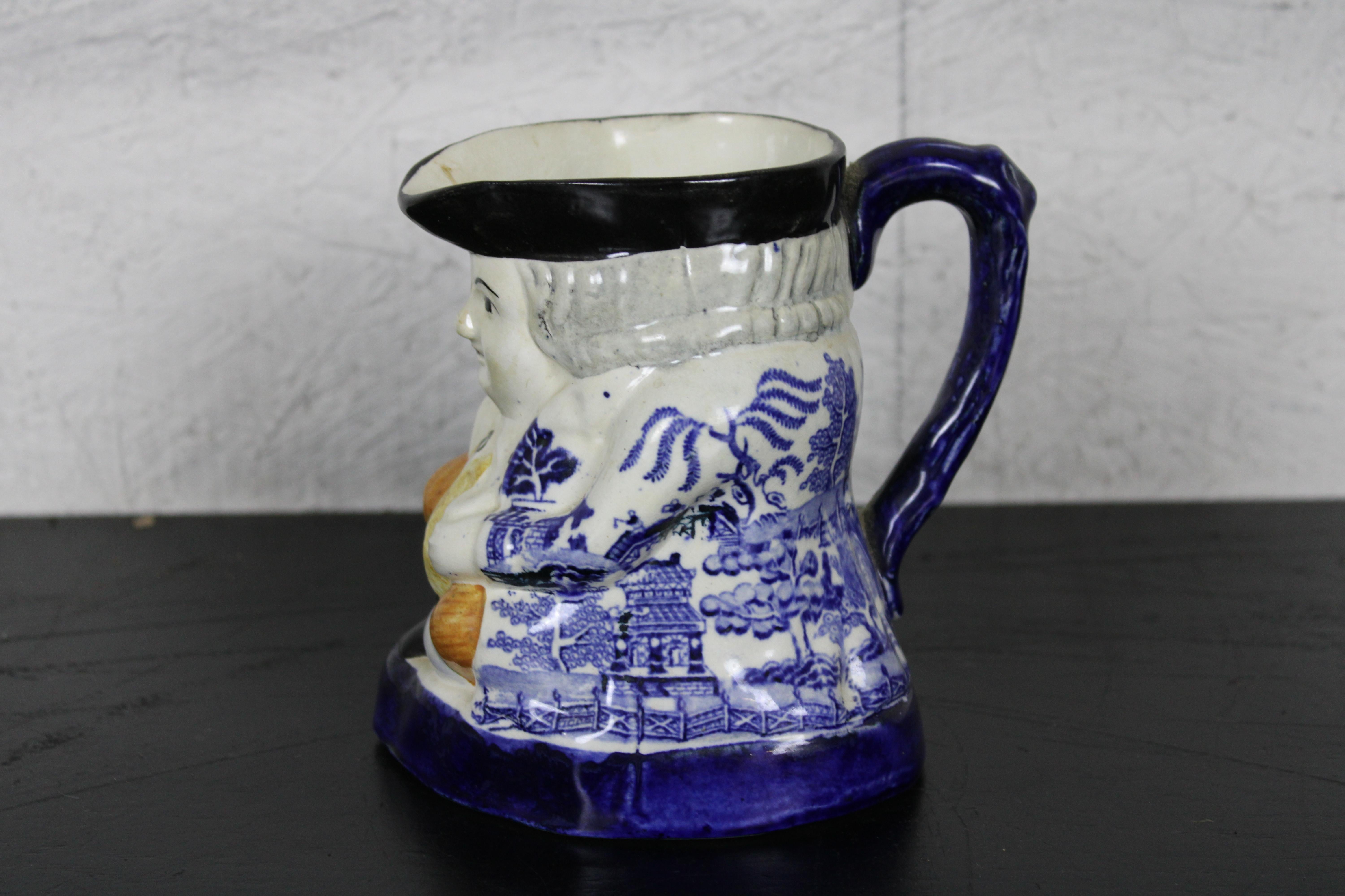 Porcelain Antique Old Staffordshire Blue Willow Toby Jug Pitcher Colonial Englishman