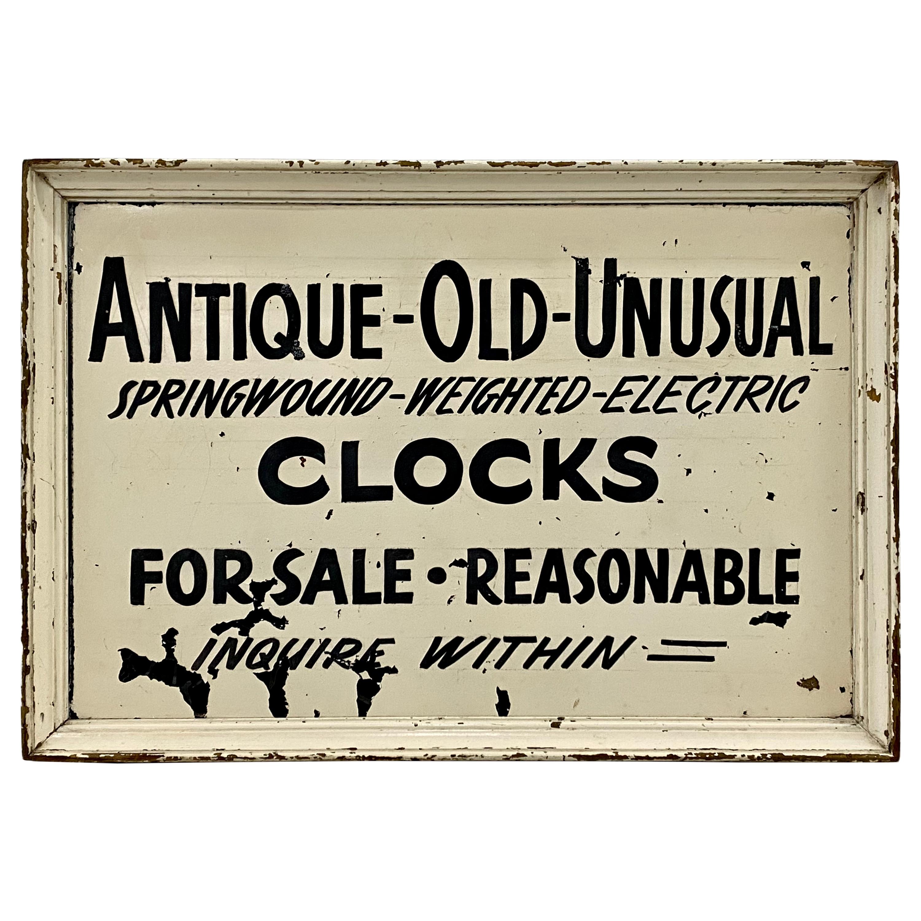„Antique - Old - Unusual“ Uhren zum Verkauf, handbemaltes Schild, um 1920