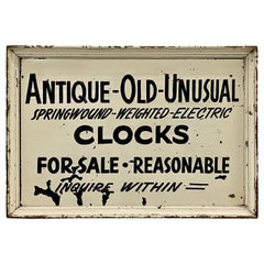 „Antique - Old - Unusual“ Uhren zum Verkauf, handbemaltes Schild, um 1920