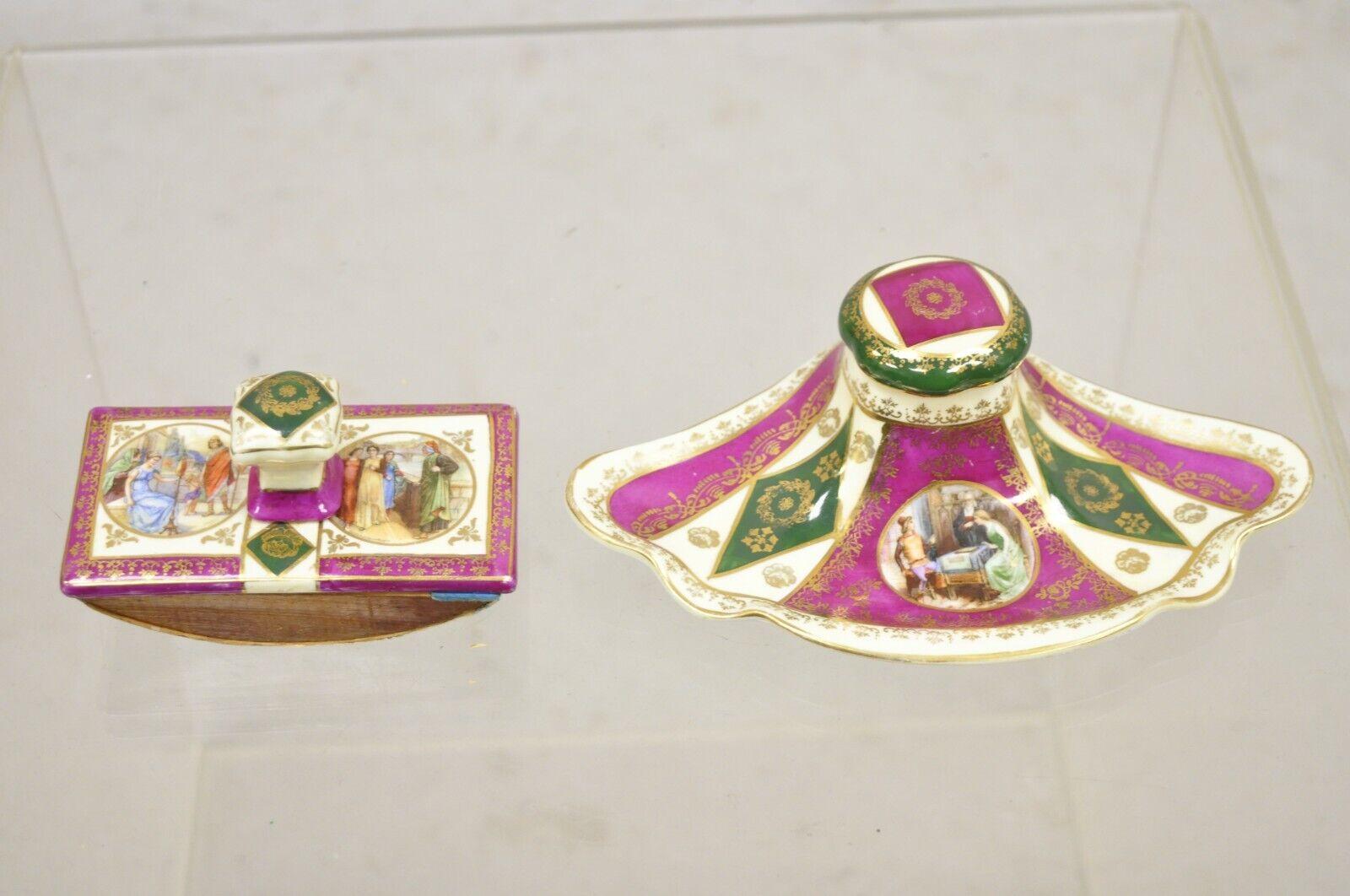 Antique Old Vienna Paris Porcelain Inkwell and Ink Blotter Desk Set -  2 Pc Set. item features Painted scenes, beautiful color, crown mark to inkwell, ver nice antique set. Circa Early 1900s Measurements Inkwell: 2.25