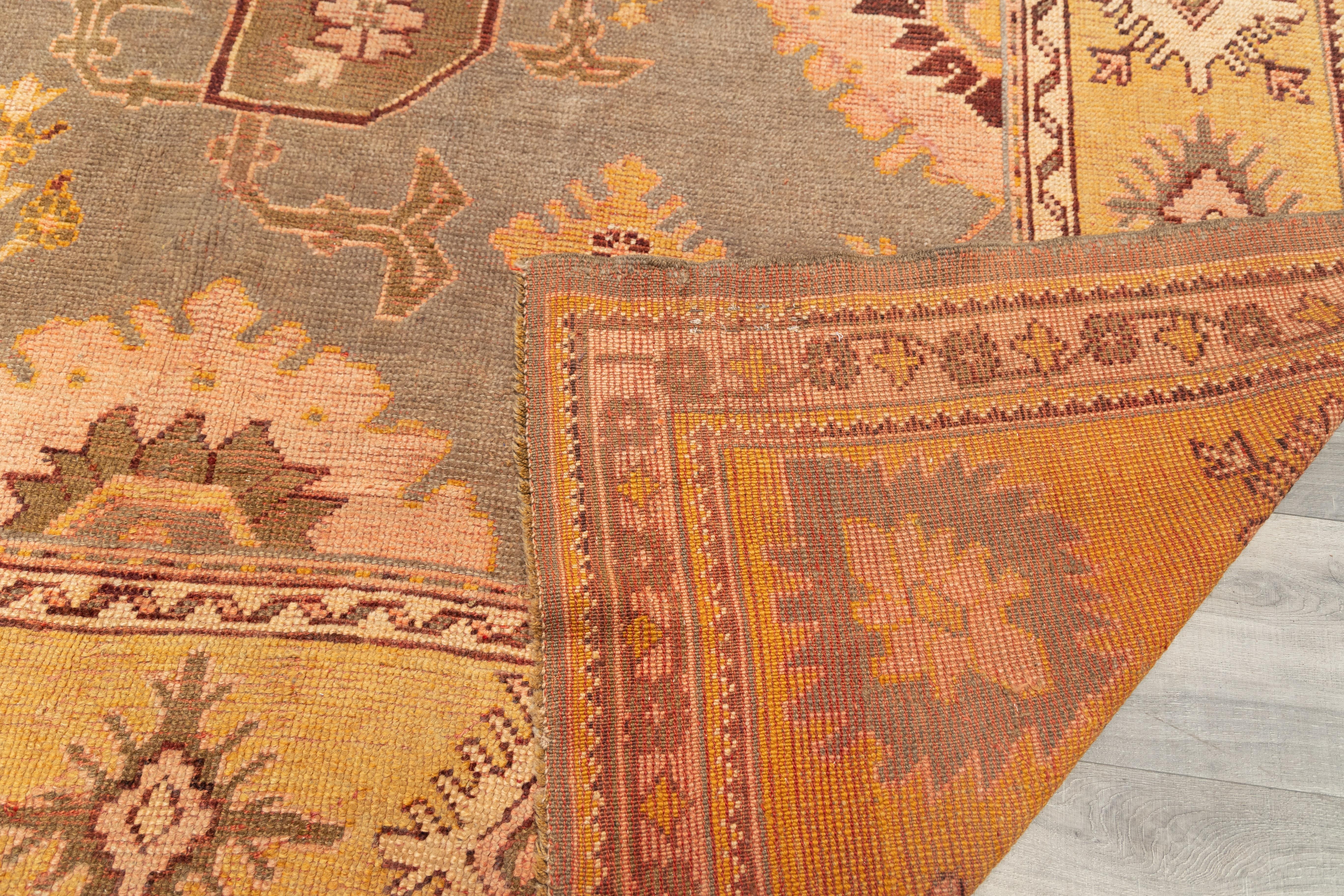 Oushak Antique  olive all over design oushak rug For Sale