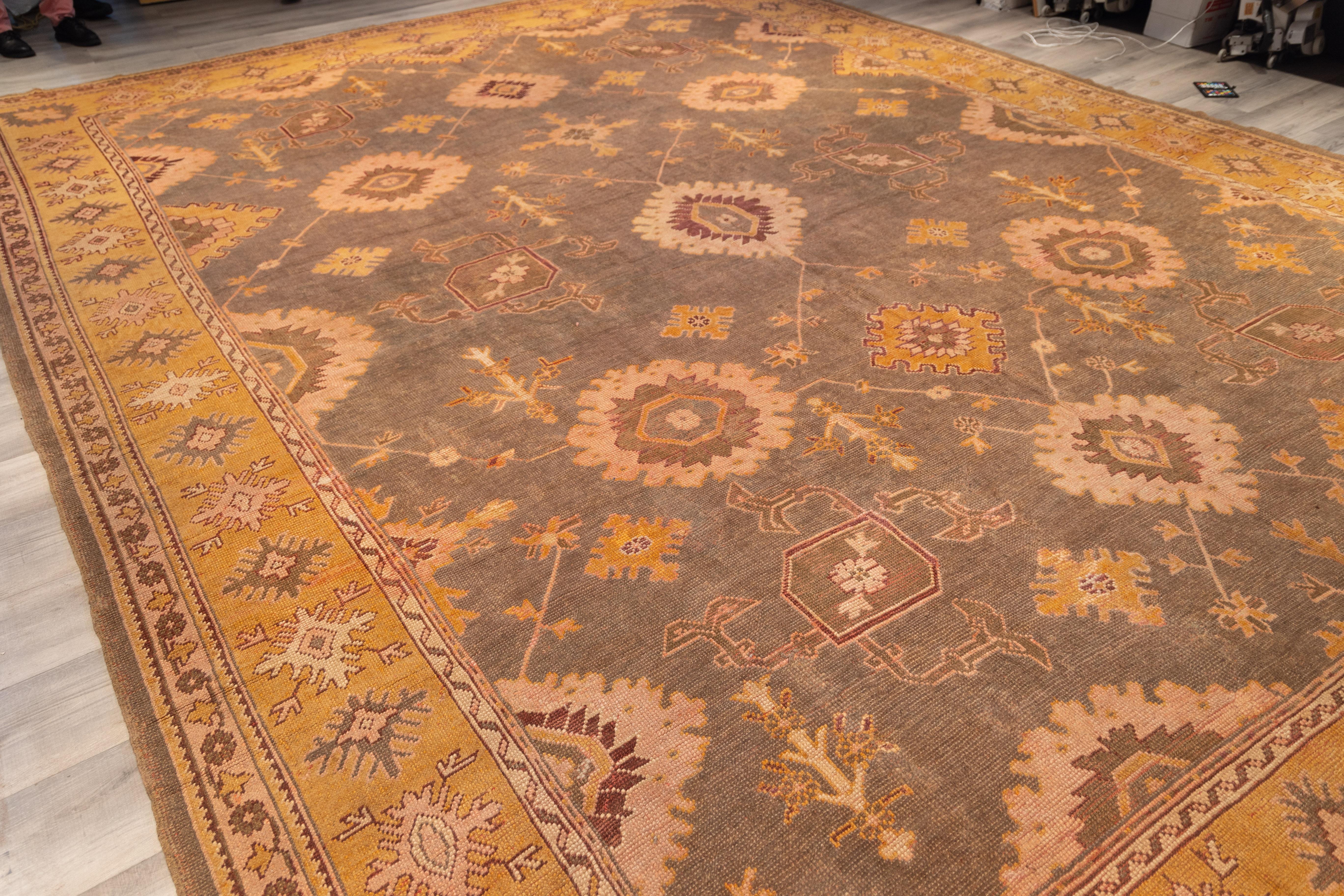 Turkish Antique  olive all over design oushak rug For Sale
