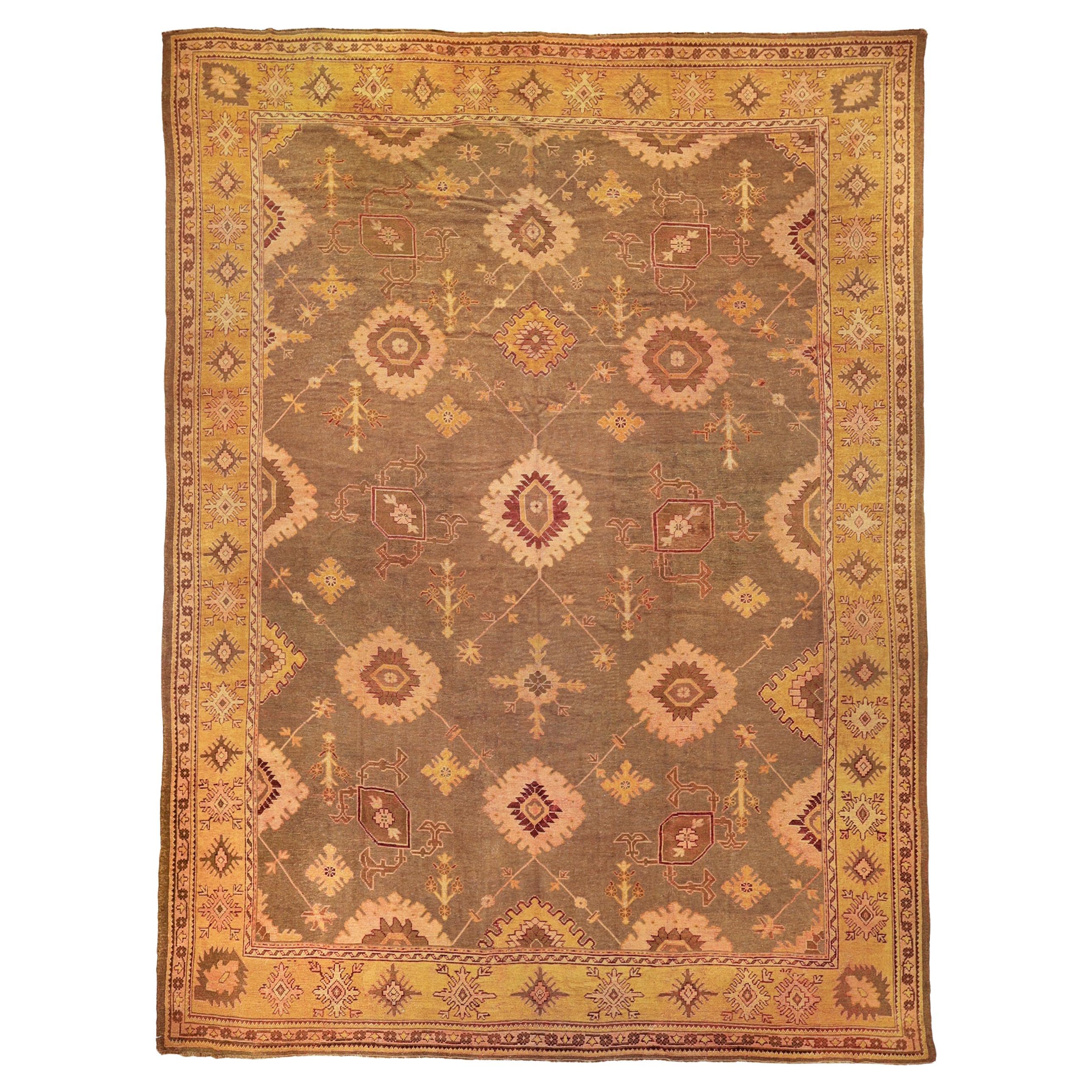 Antique  olive all over design oushak rug