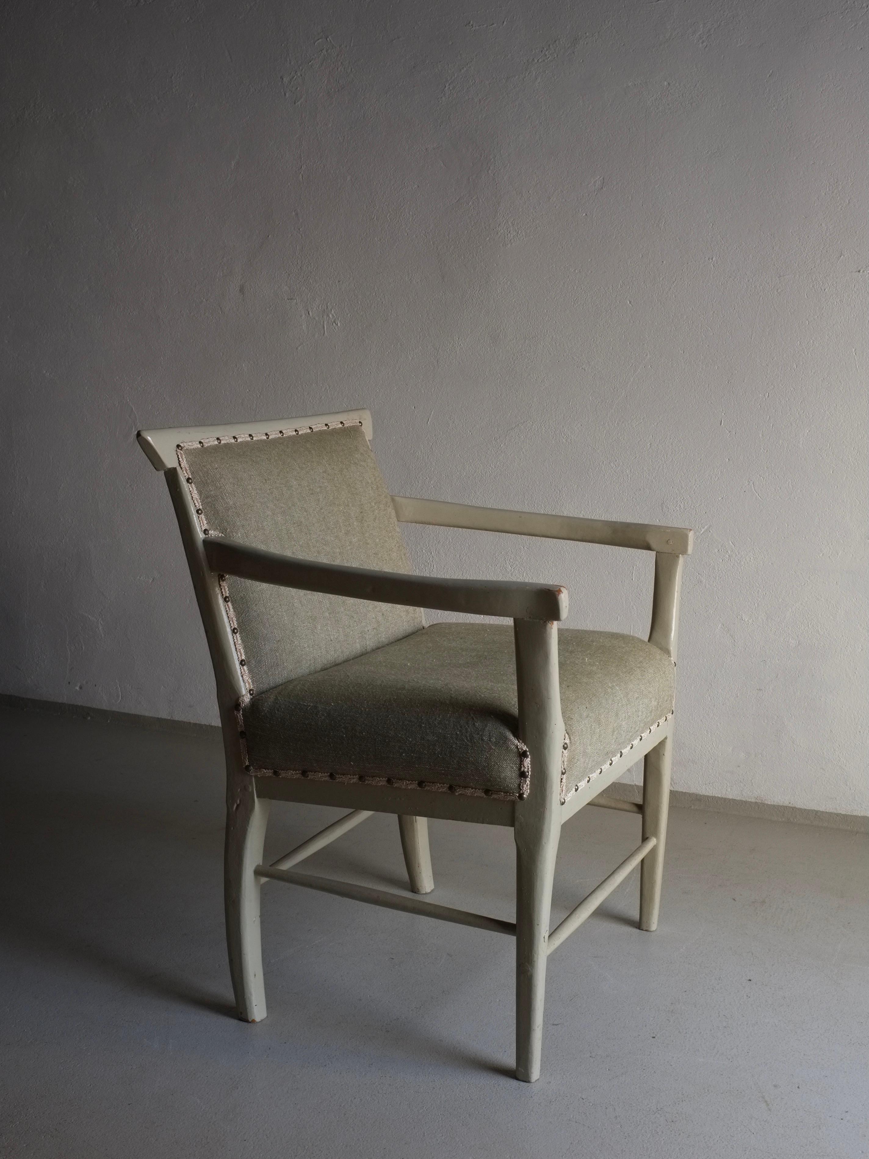 Hand-Painted Antique Olive Green Painted Armchair, Sweden, 1900s For Sale