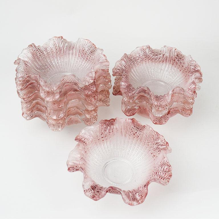 Antique Ombré Pink Scalloped Art Glass Candy or Ice Cream Dishes, Set of 11 For Sale 3