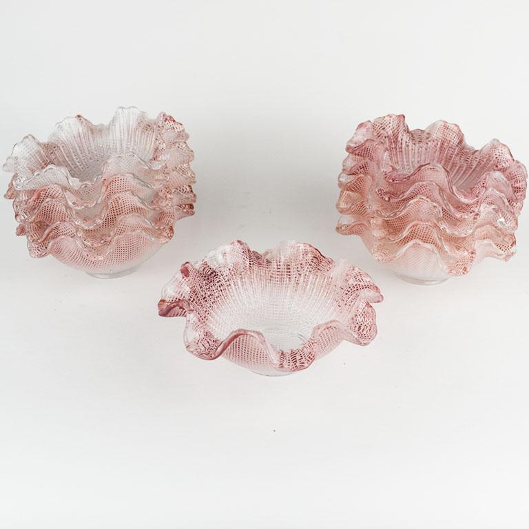 Antique Ombré Pink Scalloped Art Glass Candy or Ice Cream Dishes, Set of 11 In Good Condition For Sale In Oklahoma City, OK