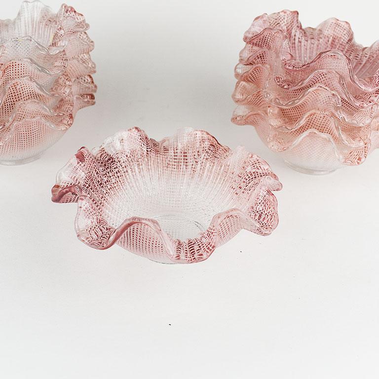 20th Century Antique Ombré Pink Scalloped Art Glass Candy or Ice Cream Dishes, Set of 11 For Sale