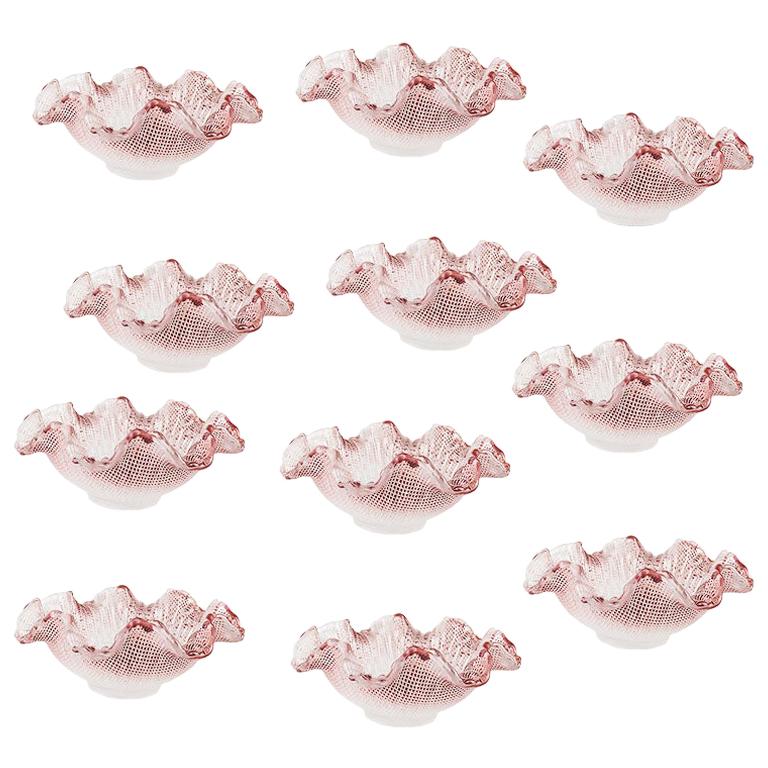 Antique Ombré Pink Scalloped Art Glass Candy or Ice Cream Dishes, Set of 11